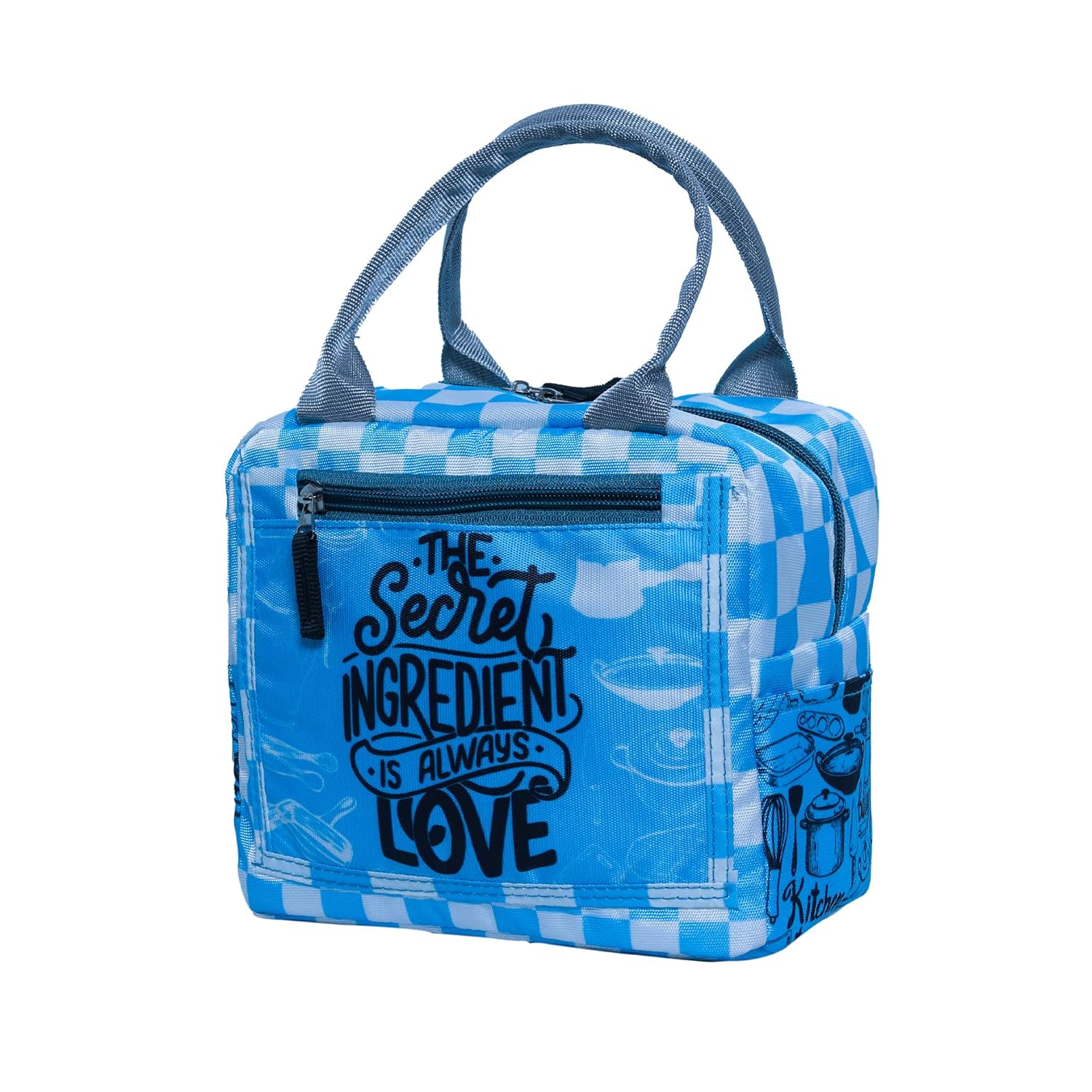 Echo Boomers Printed Insulated Lunch Bag, Tiffin and Food Storage Bag for Work, Students, Office, Picnic, College & School with Multiple Zipper Pockets (Blue)