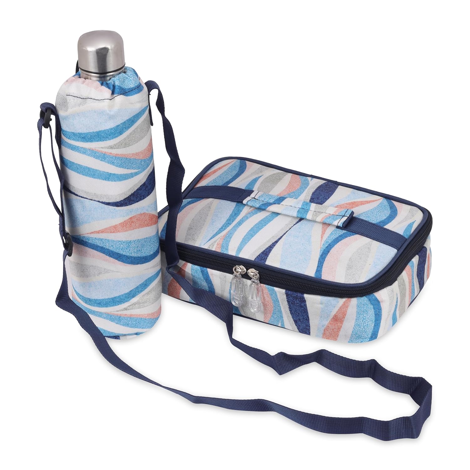 Echo Boomers Stripes Theme Printed Large Insulated Lunch Bag with Mesh Compartment & Water Bottle Combo - Sky Blue