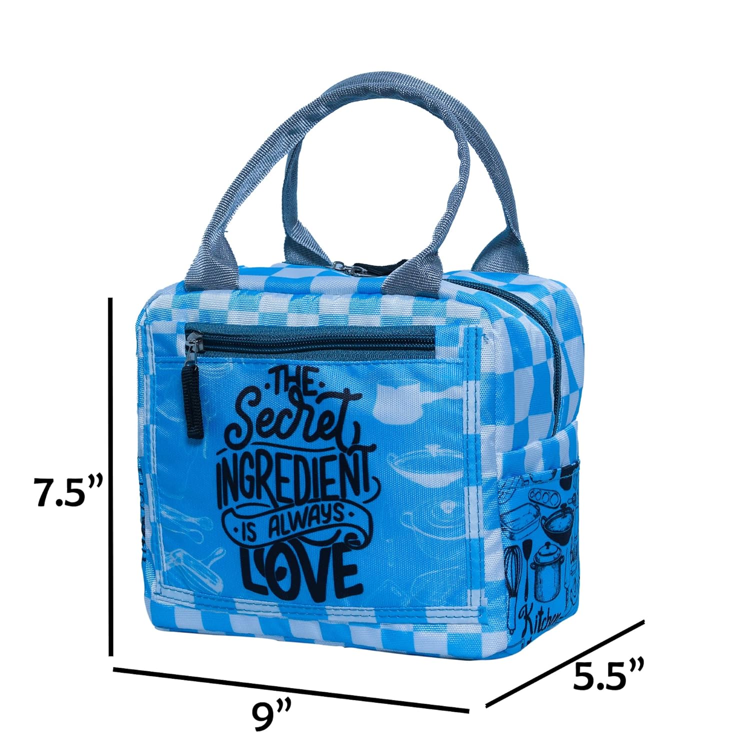 Echo Boomers Printed Insulated Lunch Bag, Tiffin and Food Storage Bag for Work, Students, Office, Picnic, College & School with Multiple Zipper Pockets (Blue)