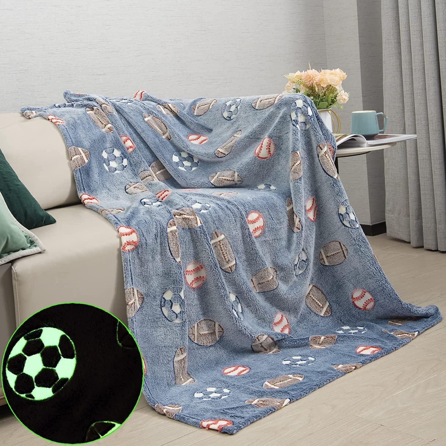 Echo Boomers Sports Glow in The Dark Blanket Printed Blankets for Kids, Light Weight Soft Cozy All Season Blankets for Baby Boys & Girls Pack of 1 Grey Star-Big (60x80 inches)