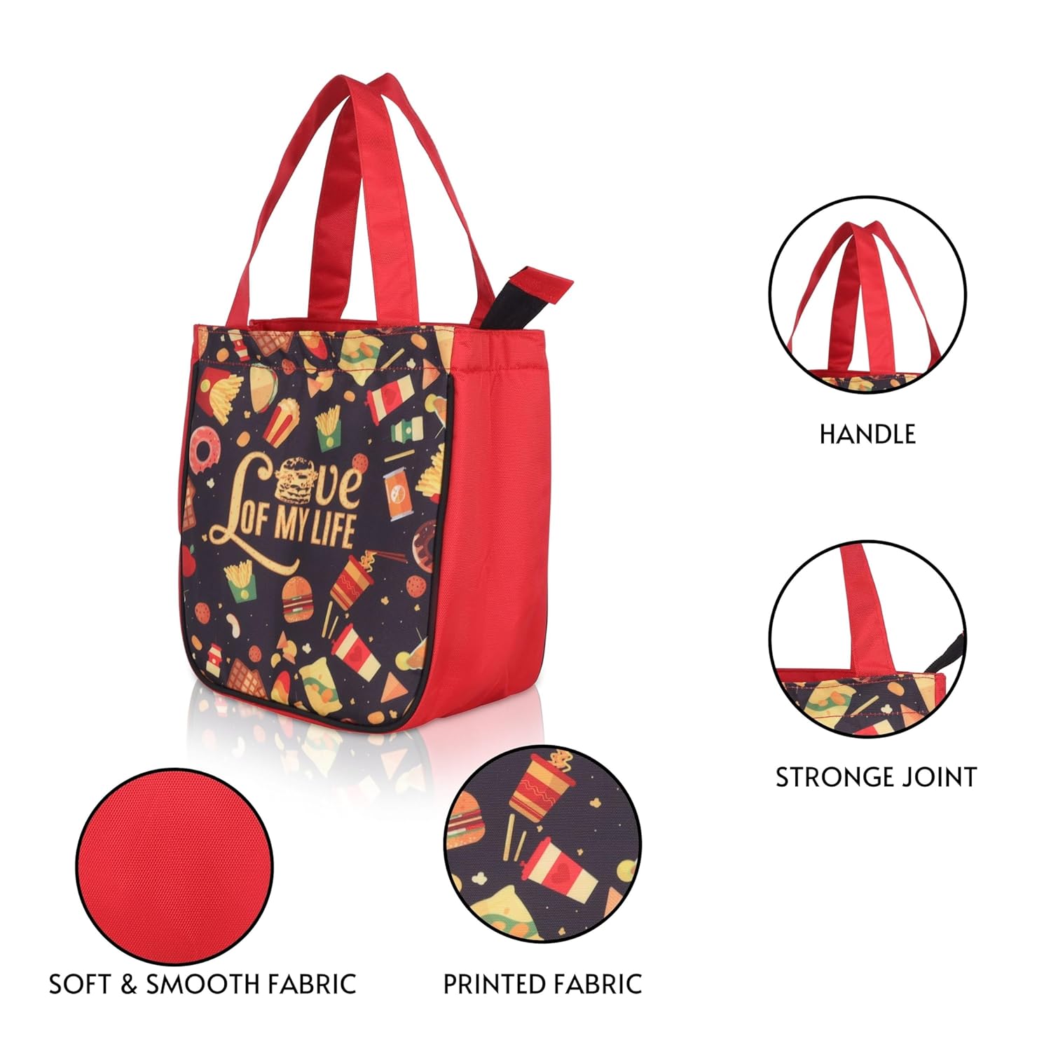 Echo Boomers Red Food Printed Lunch Bag- Insulated, Spacious & Stylish for School, Work, or Outings