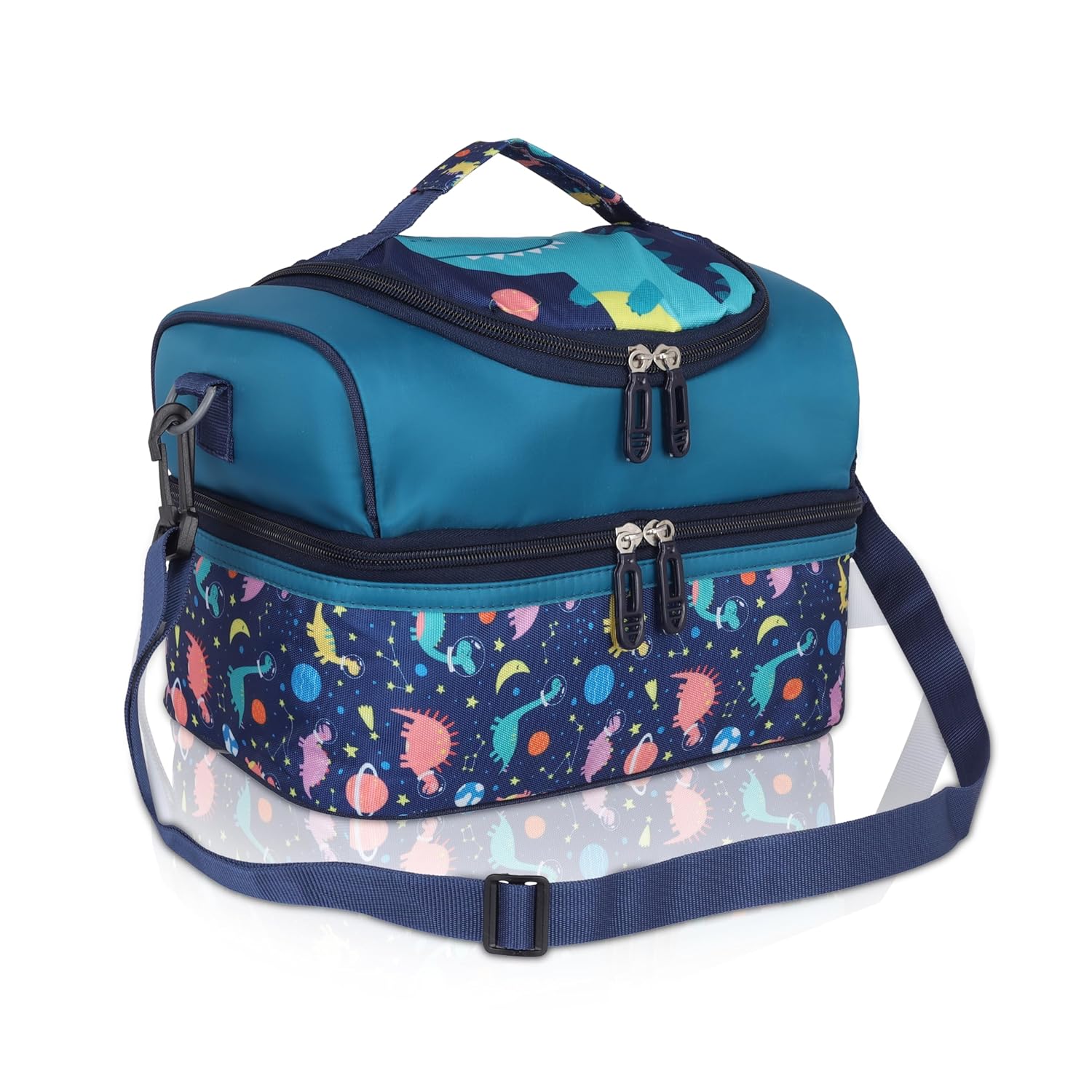 Echo Boomers Blue Dino Printed Double Layer Insulated Tiffin Lunch Bag with Detachable Strap