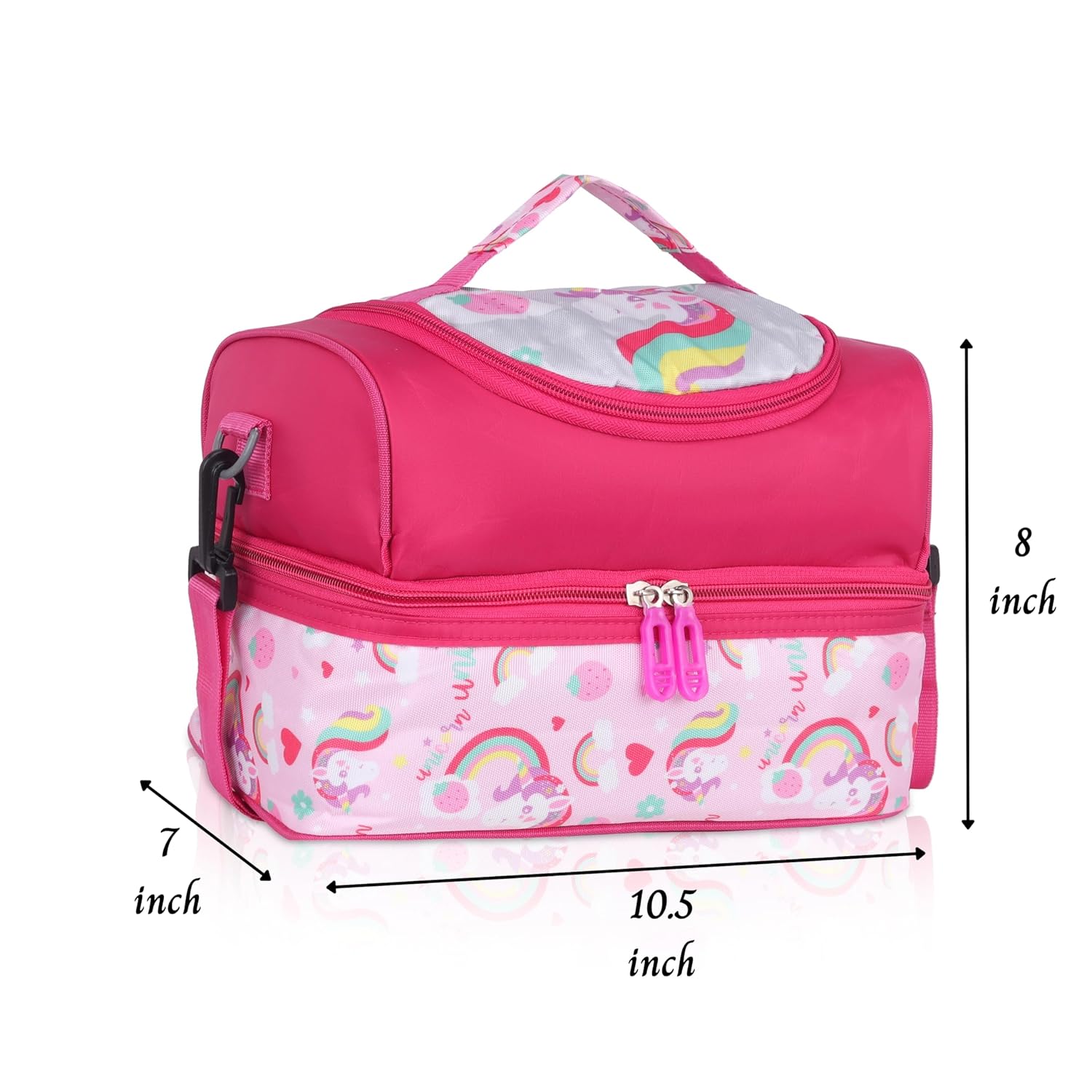 Echo Boomers Pink Unicorn Printed Double Layer Insulated Tiffin Lunch Bag with Detachable Strap