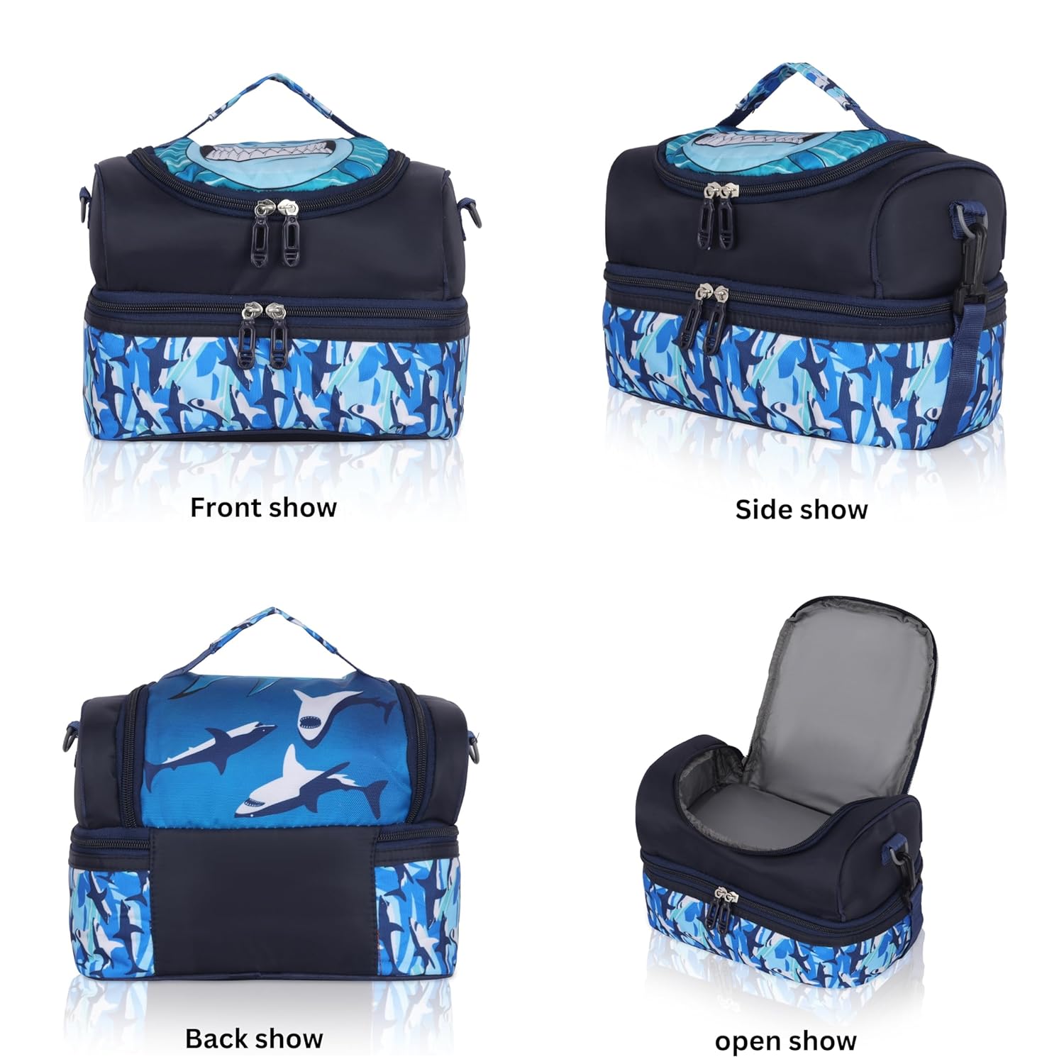 Echo Boomers Blue Sharks Printed Double Layer Insulated Tiffin Lunch Bag with Detachable Strap