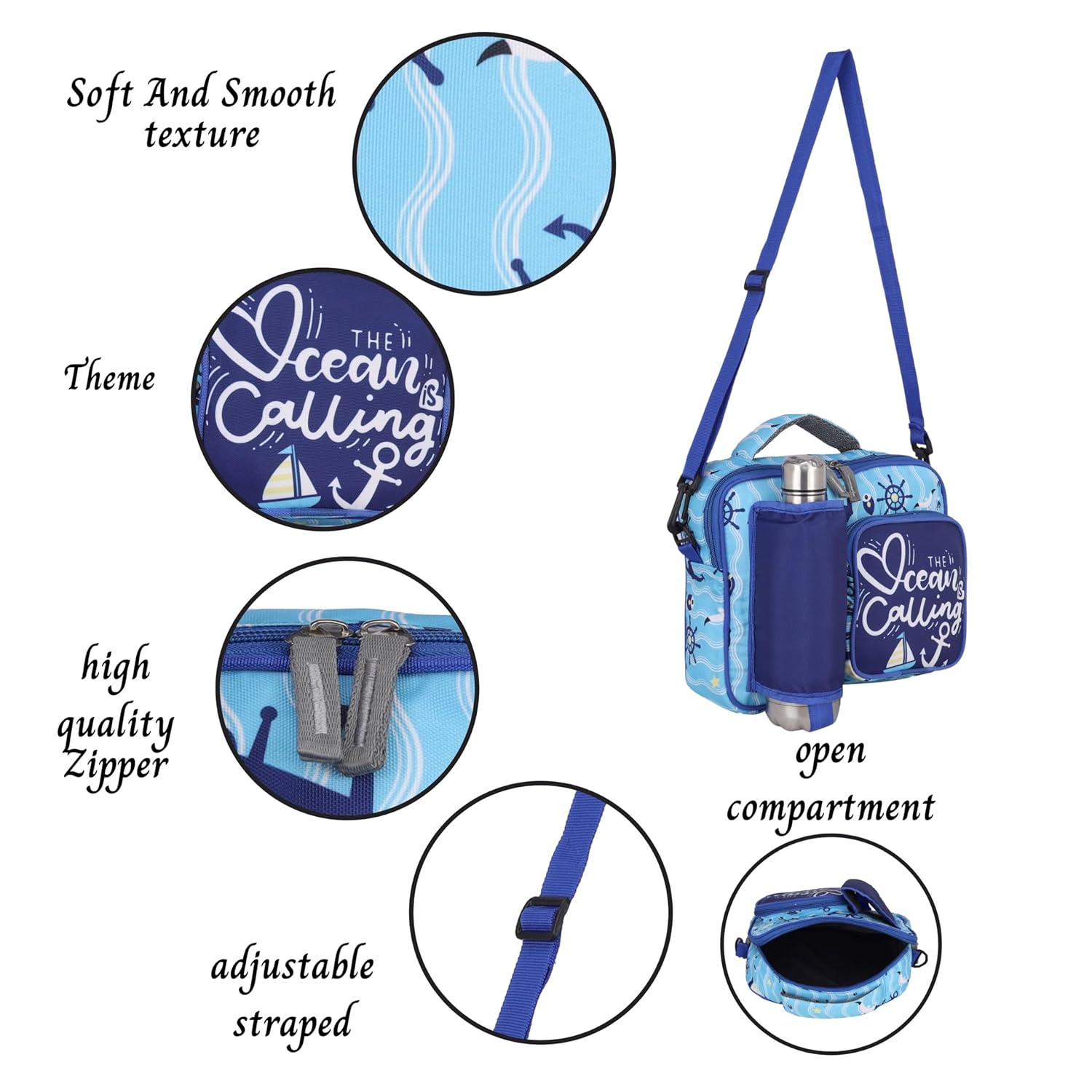 Echo Boomers Blue Ocean Print Insulated Tiffin Lunch Bags for Kids with Multi Zipper Pockets