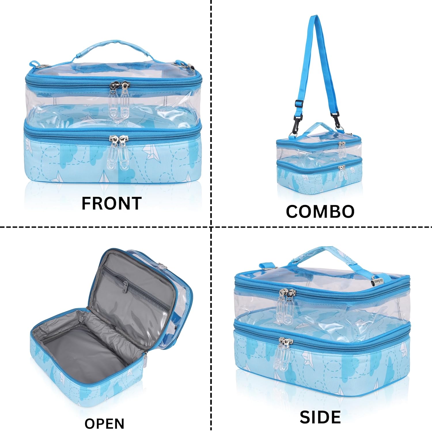 Echo Boomers Plane Printed Small Double-Decker Insulated Lunch Bag with Multi-Zipper Pockets - Sky Blue