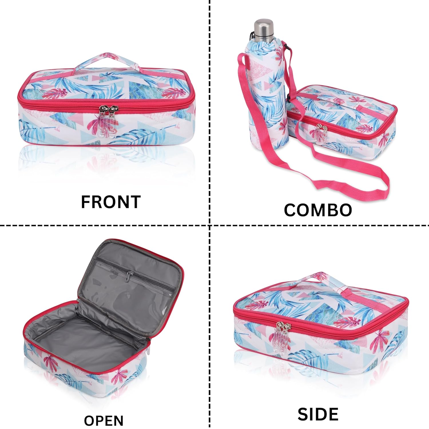 Echo Boomers Flower Designed Large Insulated Lunch Bag with Mesh Compartment & Water Bottle Combo - Sky Blue