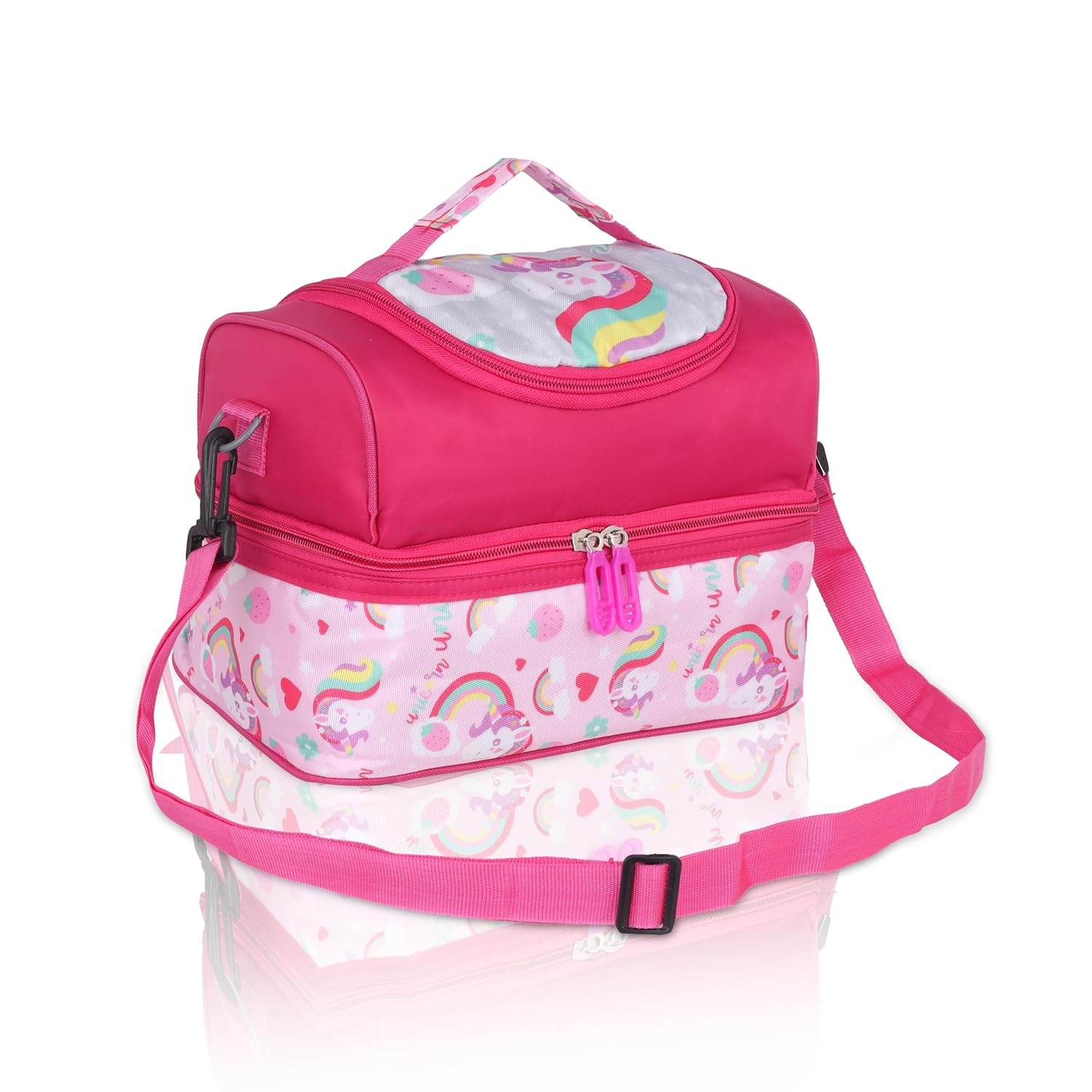 Echo Boomers Pink Unicorn Printed Double Layer Insulated Tiffin Lunch Bag with Detachable Strap