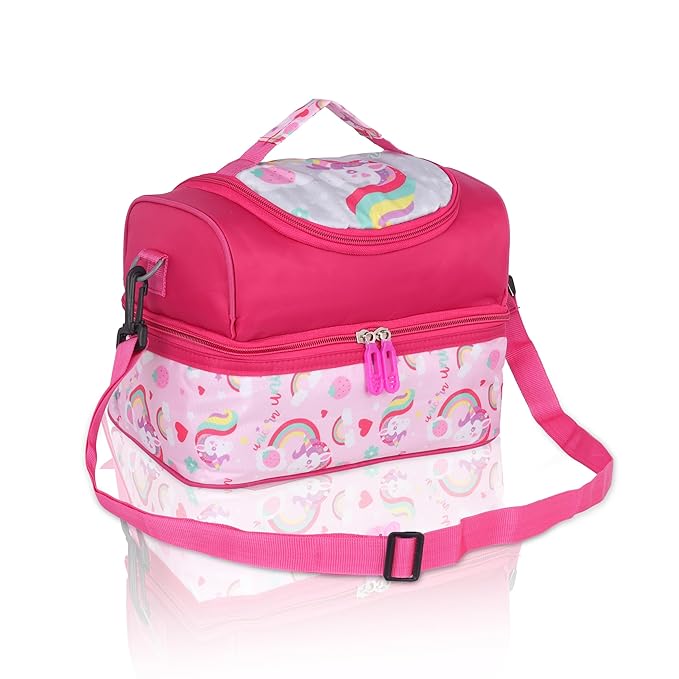 Echo Boomers Pink Unicorn Printed Double Layer Insulated Tiffin Lunch Bag with Detachable Strap