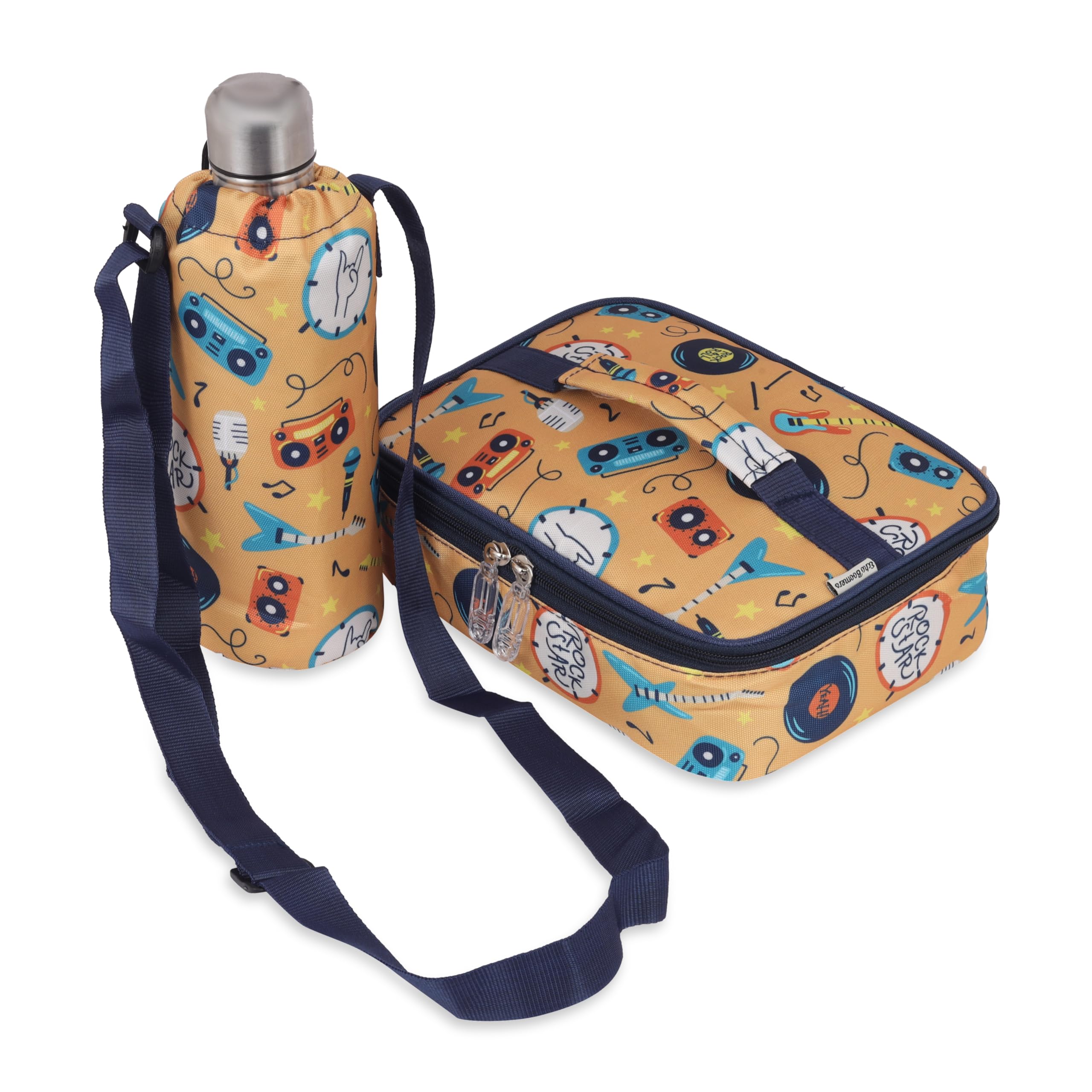 Echo Boomers Space Theme Printed Large Insulated Lunch Bag with Mesh Compartment & Water Bottle Combo - Dark Blue