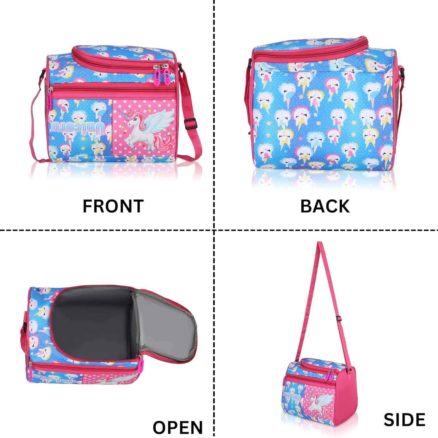 Echo Boomers Unicorn Printed Double Insulated Tiffin Lunch Bag with Multi Zipper Pockets - Pink