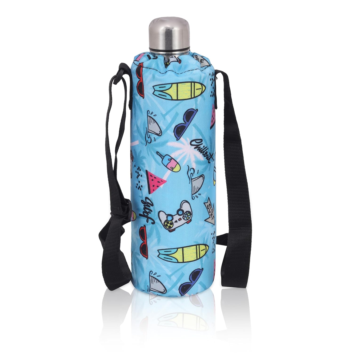 Echo Boomers Beach Theme Printed Large Insulated Lunch Bag with Mesh Compartment & Water Bottle Combo - Light Blue