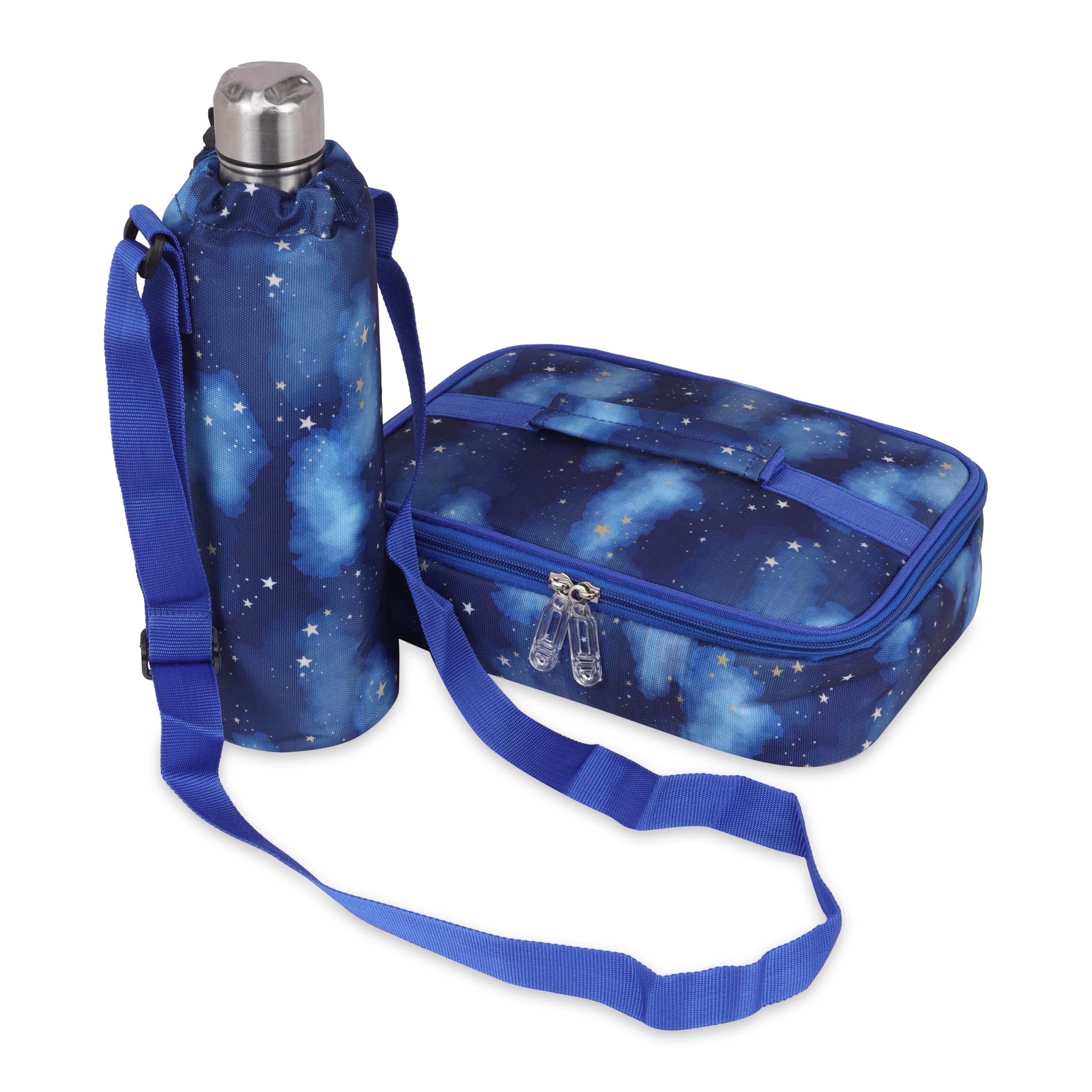 Echo Boomers Space Theme Printed Large Insulated Lunch Bag with Mesh Compartment & Water Bottle Combo - Dark Blue