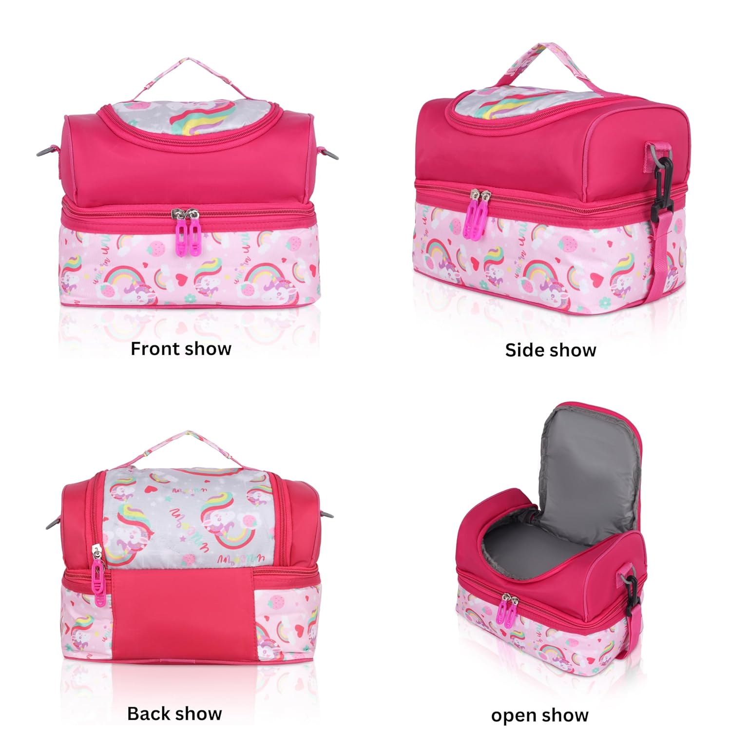 Echo Boomers Pink Unicorn Printed Double Layer Insulated Tiffin Lunch Bag with Detachable Strap