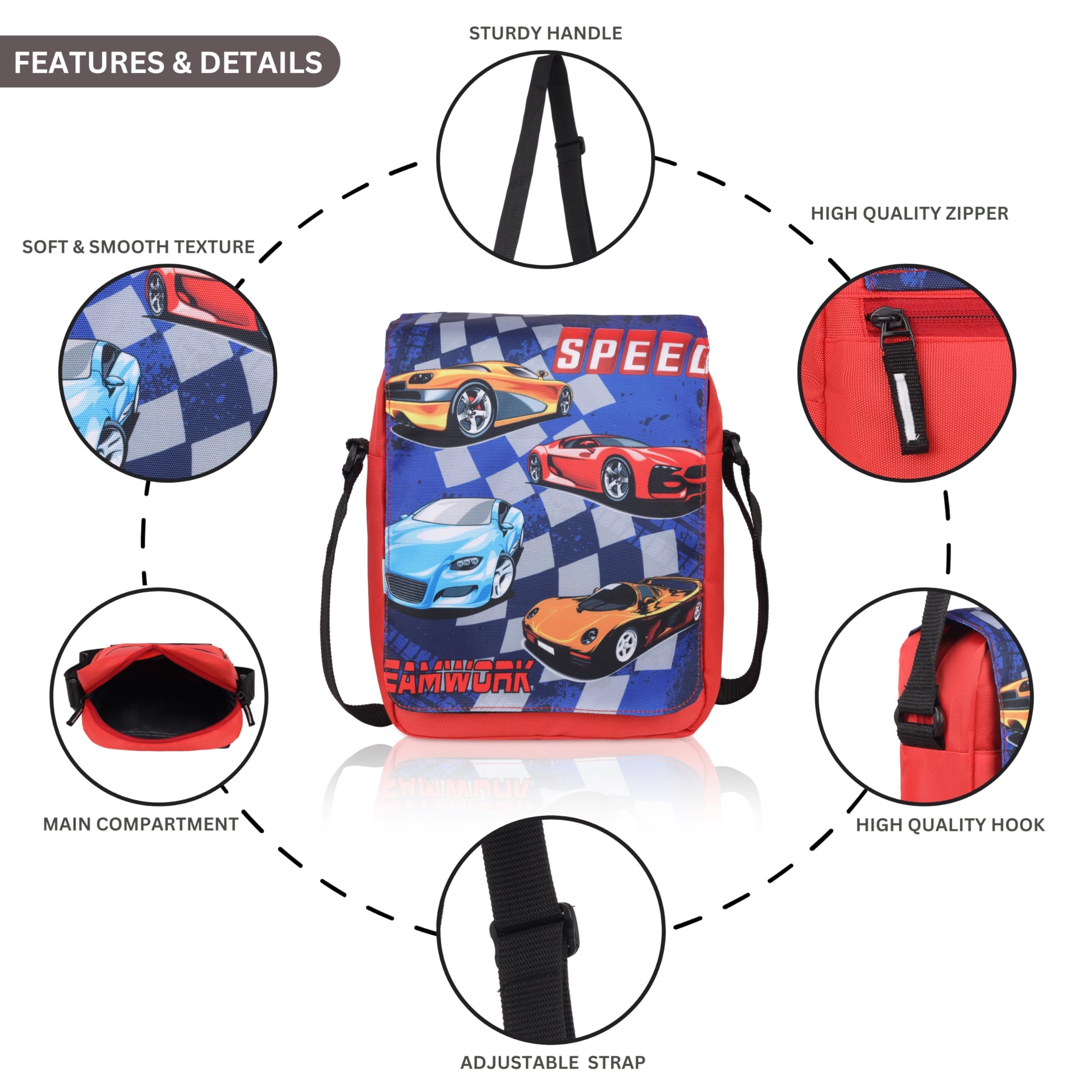 Echo Boomers Cars Printed Multi-Functional Messenger Sling Bag | Versatile Everyday Bag | Adjustable Shoulder Strap | Water-Resistant | Anti-Theft Design | Compact & Lightweight