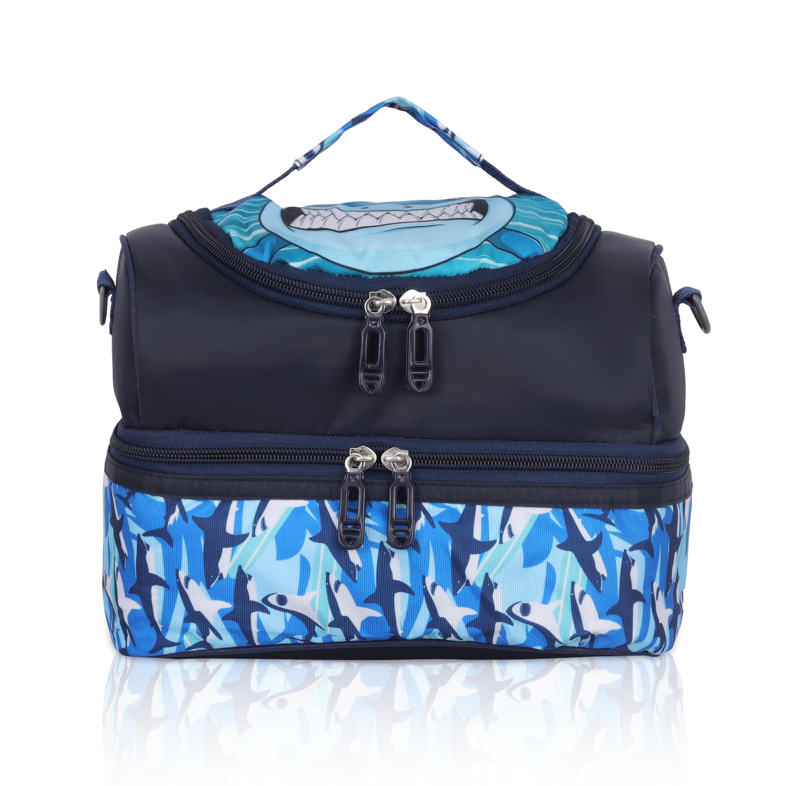 Echo Boomers Blue Dino Printed Double Layer Insulated Tiffin Lunch Bag with Detachable Strap