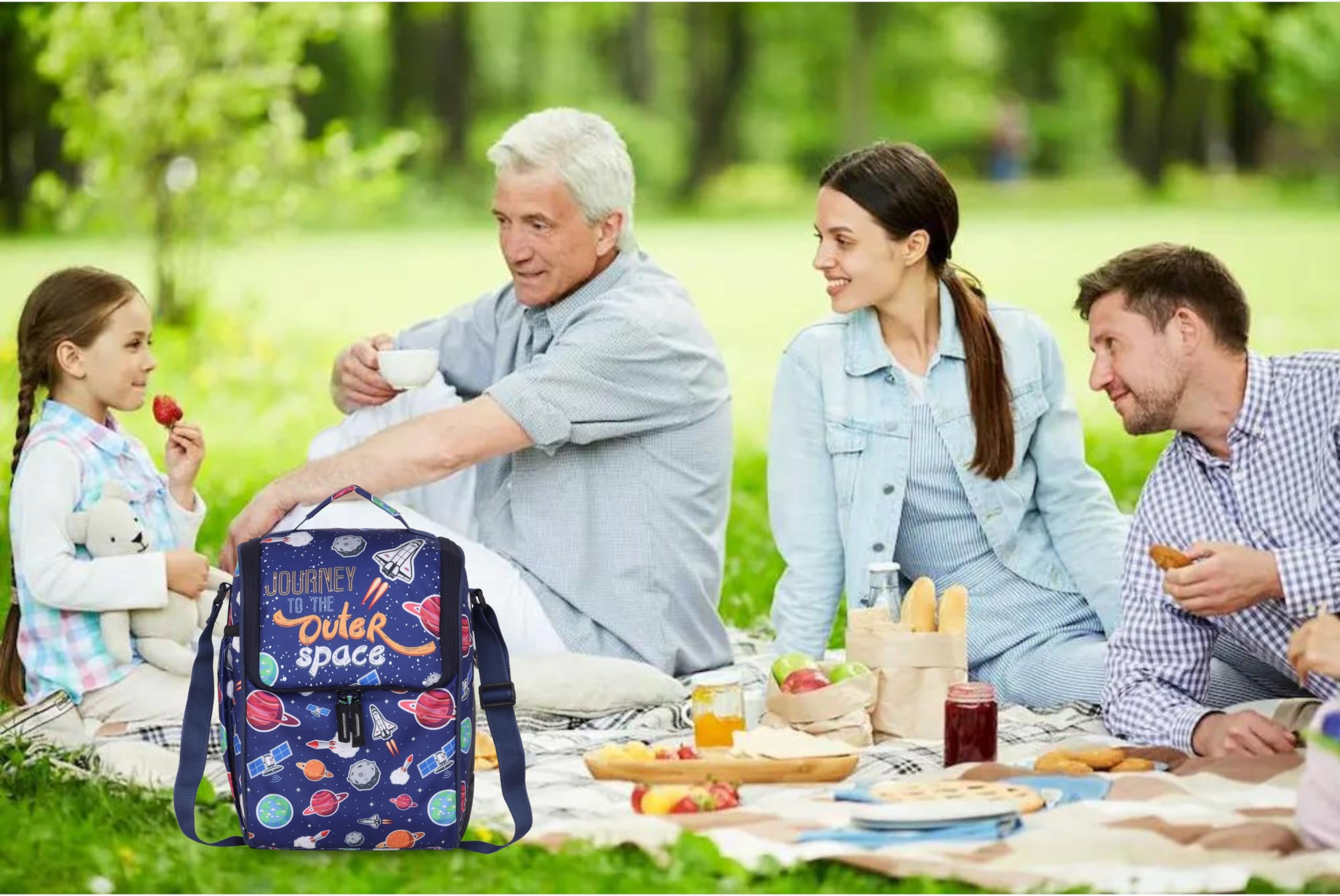 Echo Boomers Space Explorer Lunch Bag for Kids | Blue Tiffin Bag with Strap | Outer Space Theme | Ideal for Picnics and School