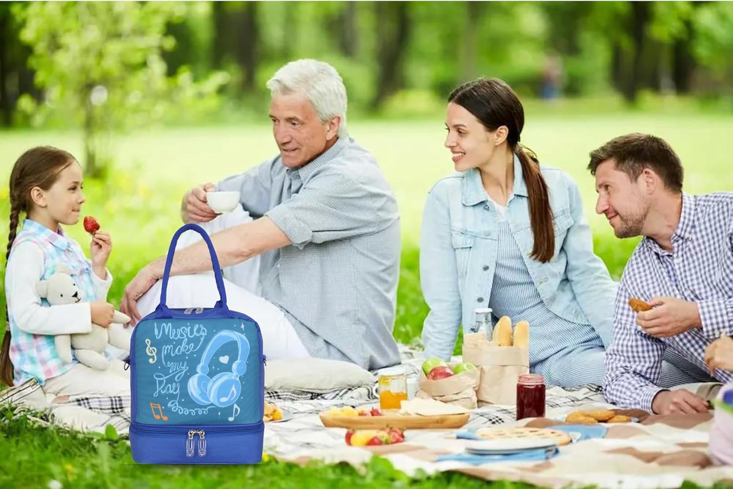 Echo Boomers Double Layer Insulated Tiffin Bag, Blue Music Print & Multi Pockets Spacious Lunch Bag with Long Strap