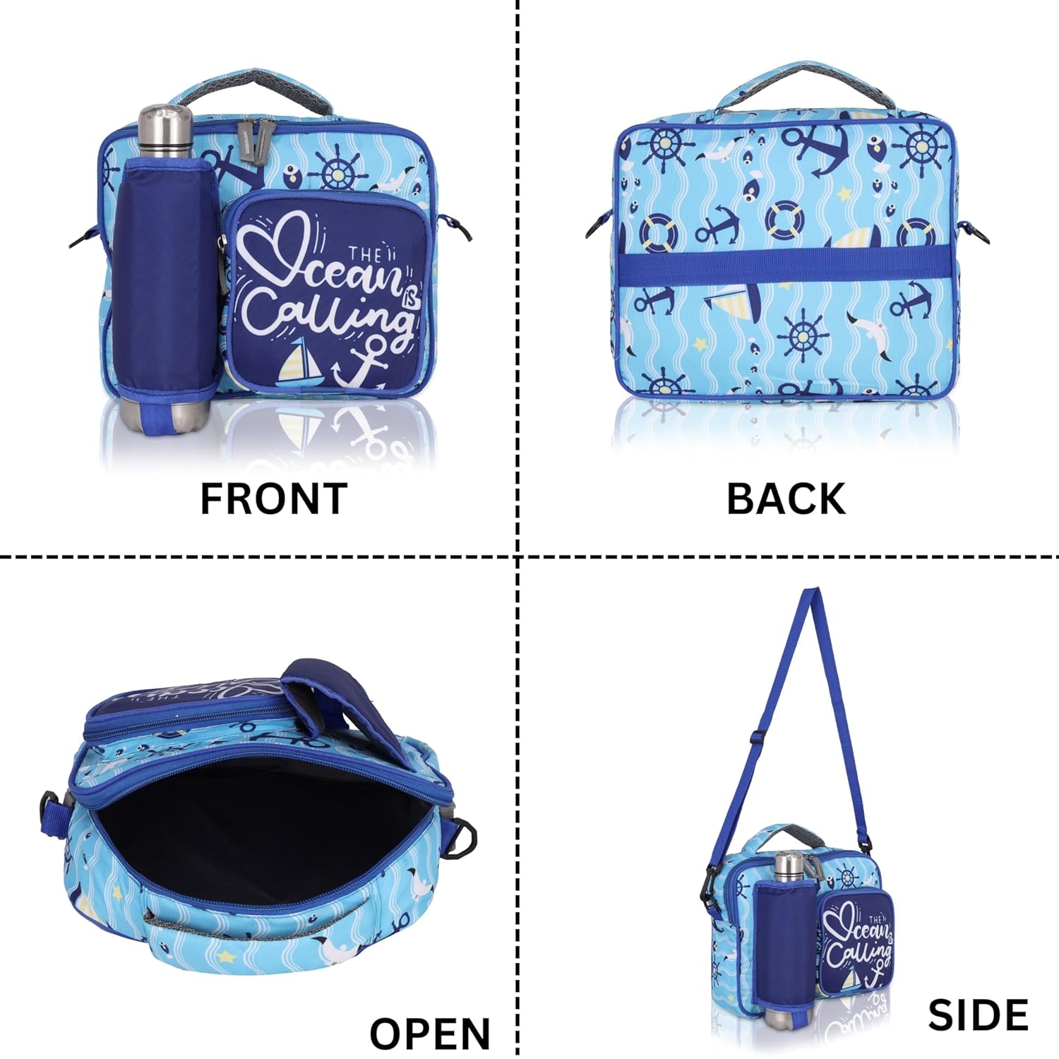 Echo Boomers Blue Ocean Print Insulated Tiffin Lunch Bags for Kids with Multi Zipper Pockets