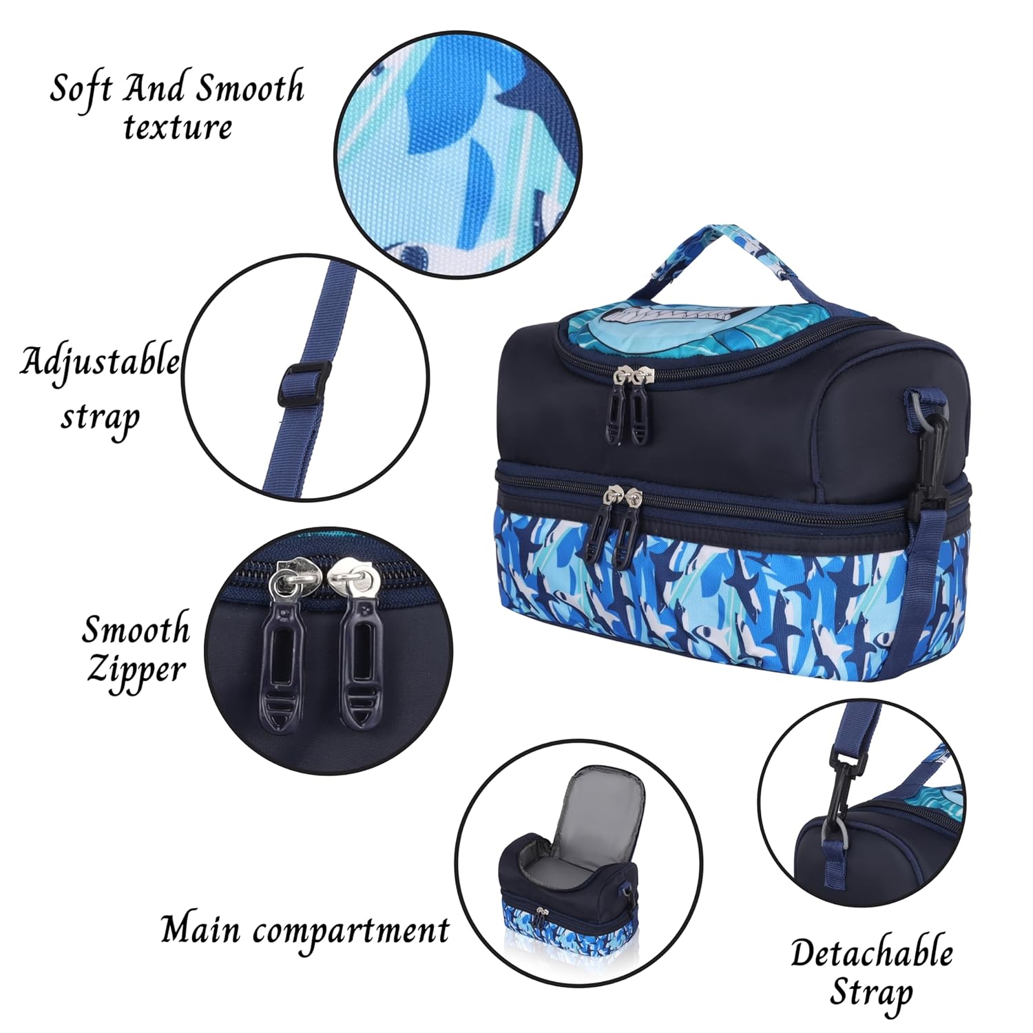 Echo Boomers Blue Sharks Printed Double Layer Insulated Tiffin Lunch Bag with Detachable Strap