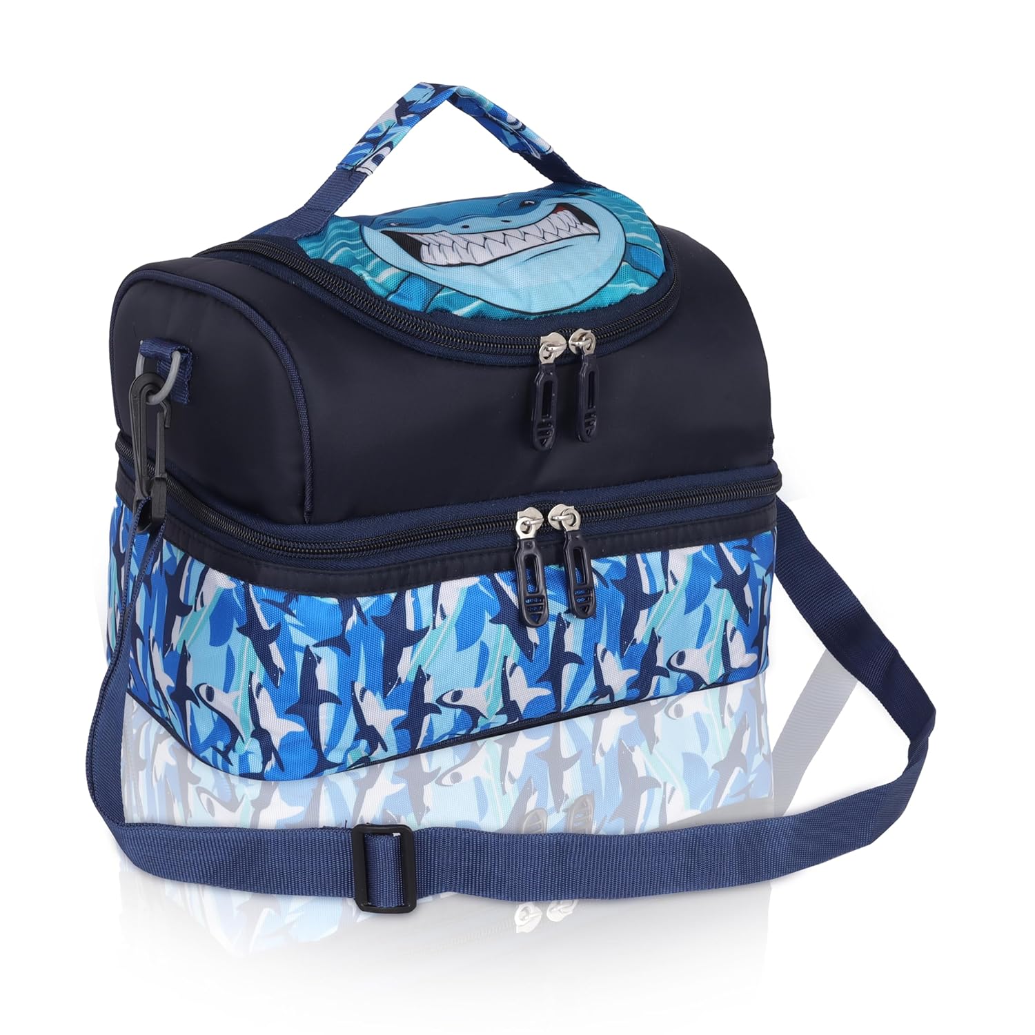 Echo Boomers Blue Sharks Printed Double Layer Insulated Tiffin Lunch Bag with Detachable Strap