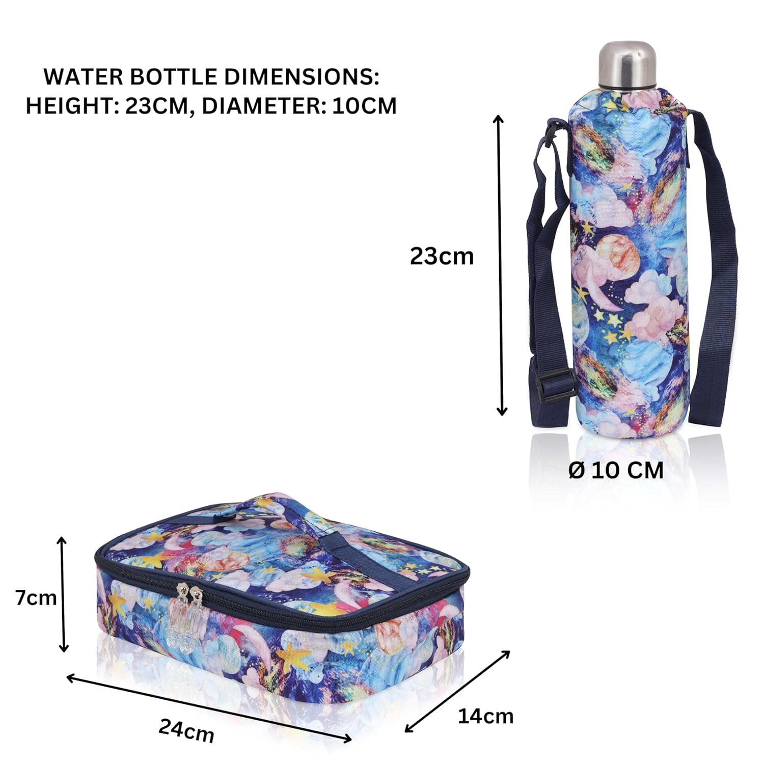 Echo Boomers Multi-Color Clouds Theme Printed Large Insulated Lunch Bag with Mesh Compartment & Water Bottle Combo - Navy Blue