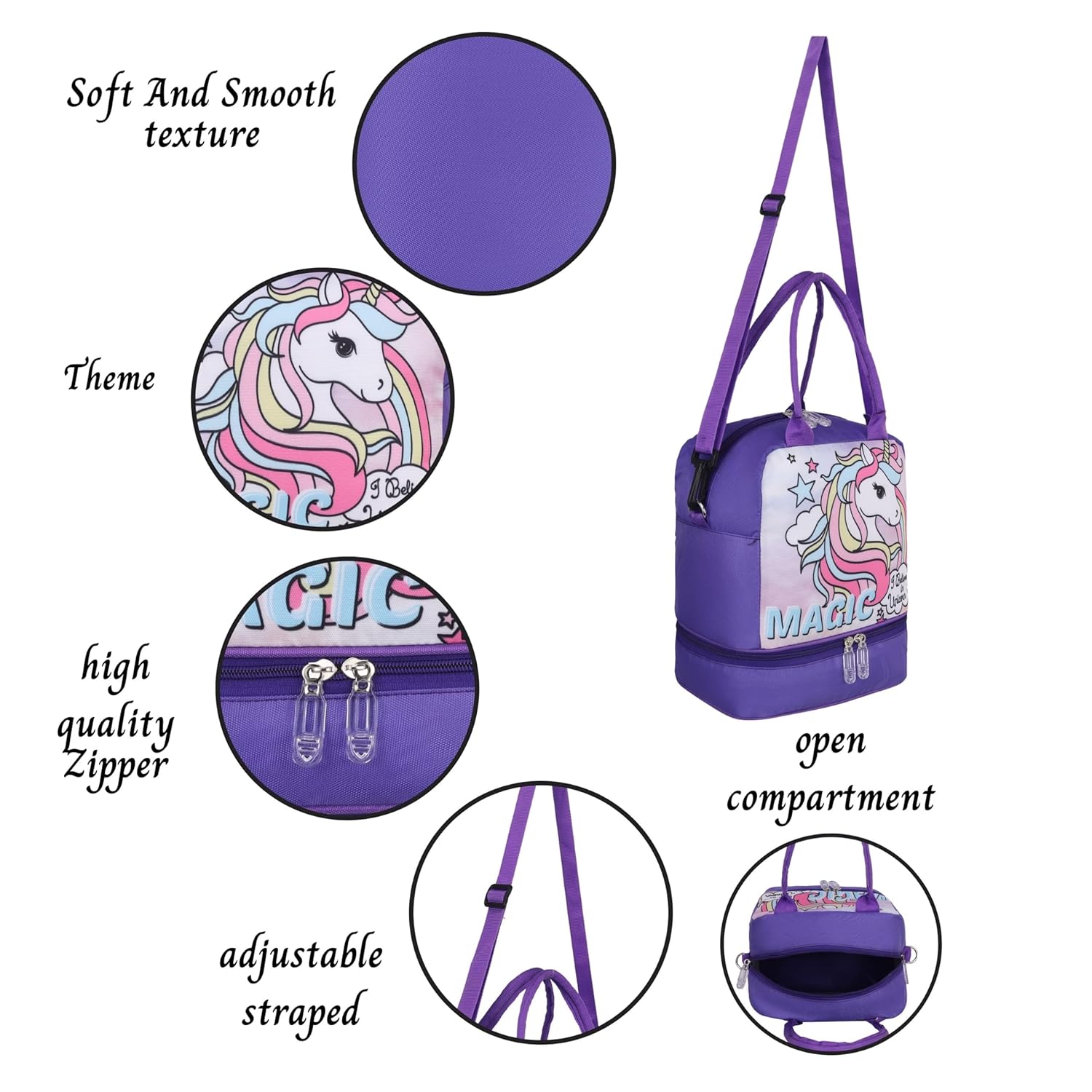 Echo Boomers Double Layer Insulated Tiffin Lunch Bag - Magical Purple Unicorn Print, Multi Pockets & Long Strap