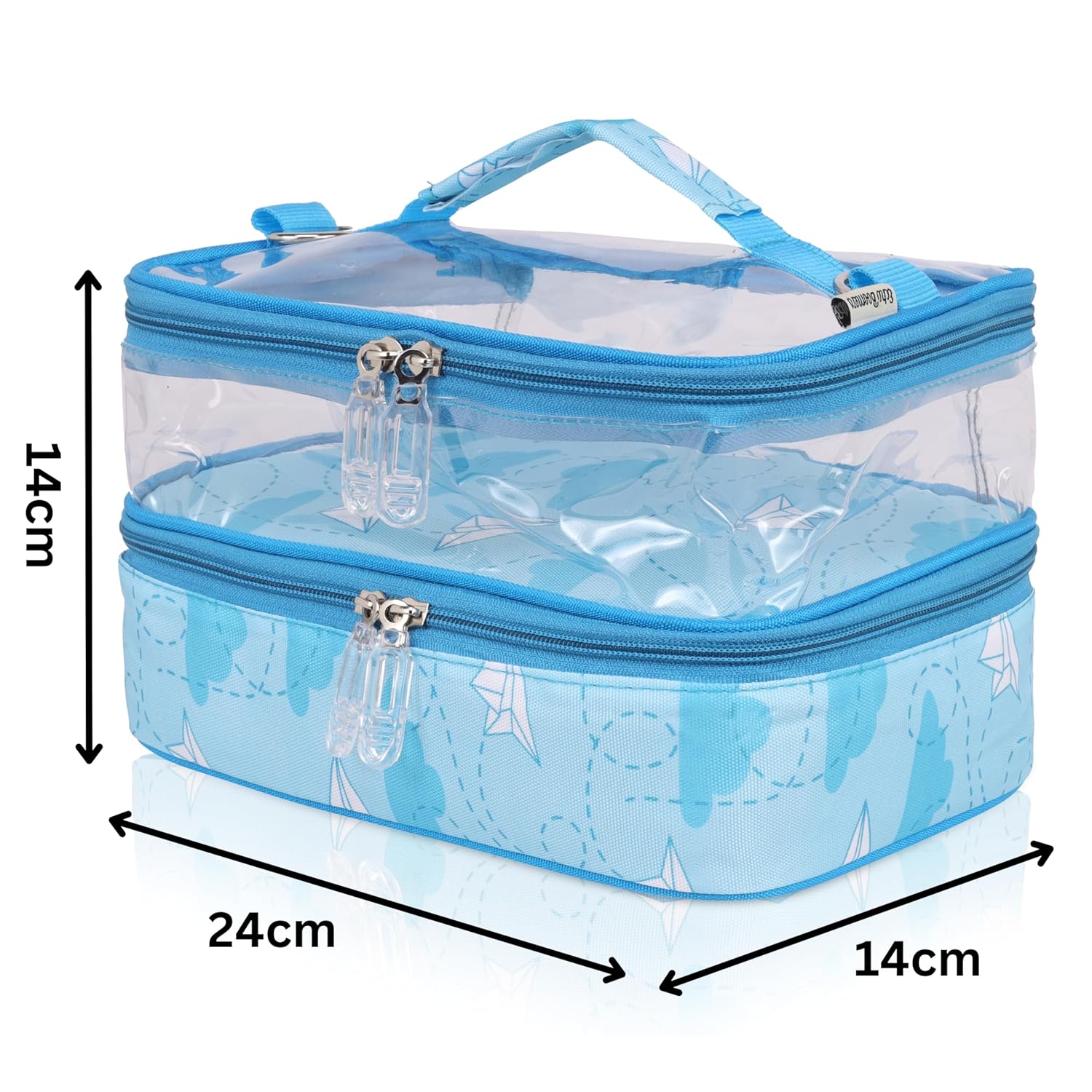 Echo Boomers Plane Printed Small Double-Decker Insulated Lunch Bag with Multi-Zipper Pockets - Sky Blue