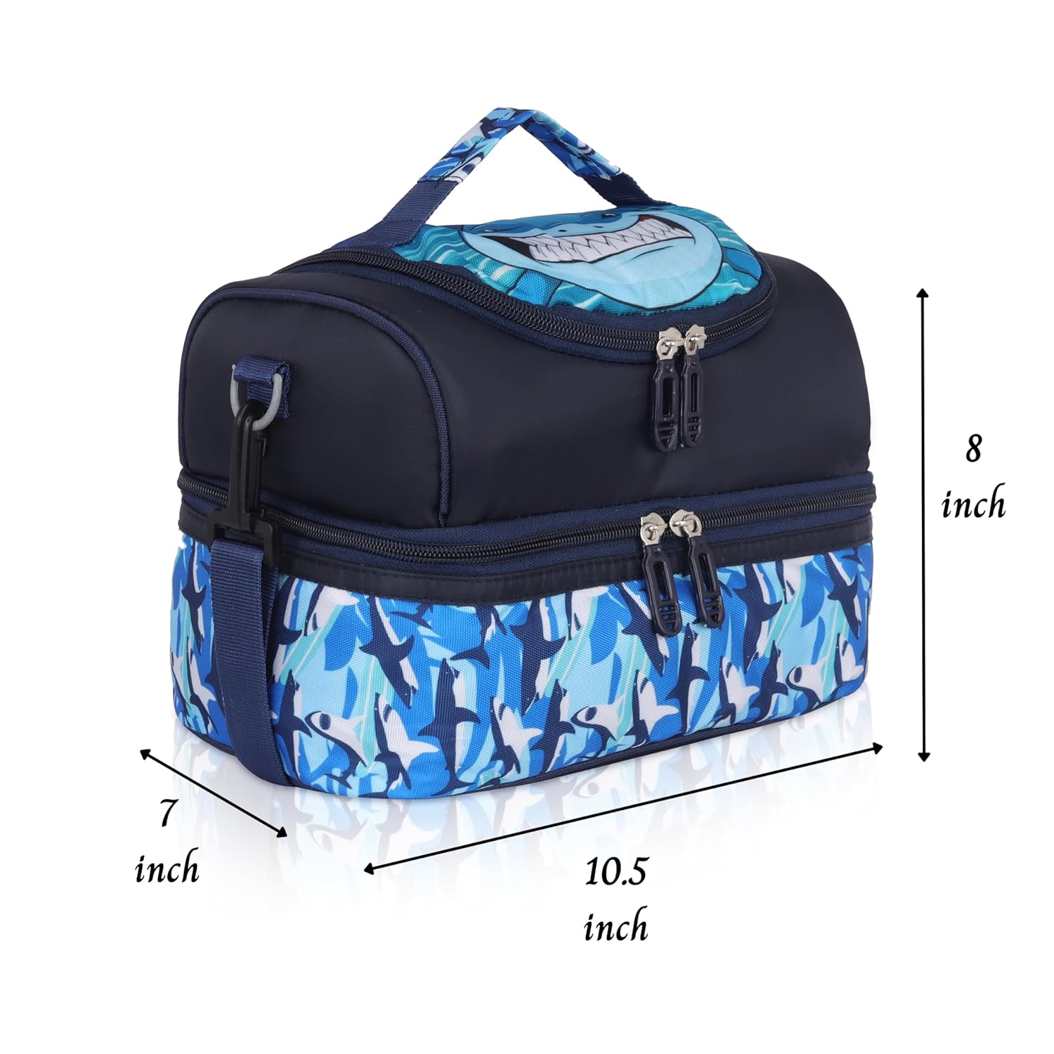 Echo Boomers Blue Sharks Printed Double Layer Insulated Tiffin Lunch Bag with Detachable Strap