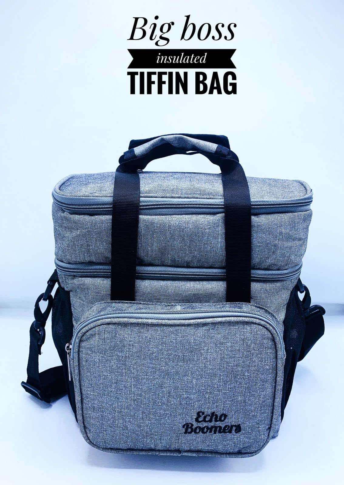 Echo Boomers Grey Colour Solid Textured Large Insulated Tiffin Lunch Double Bag with Multi Zipper Pockets Lunch Double for Men, Women and Teens,Tiffin Bag for Work,Office |