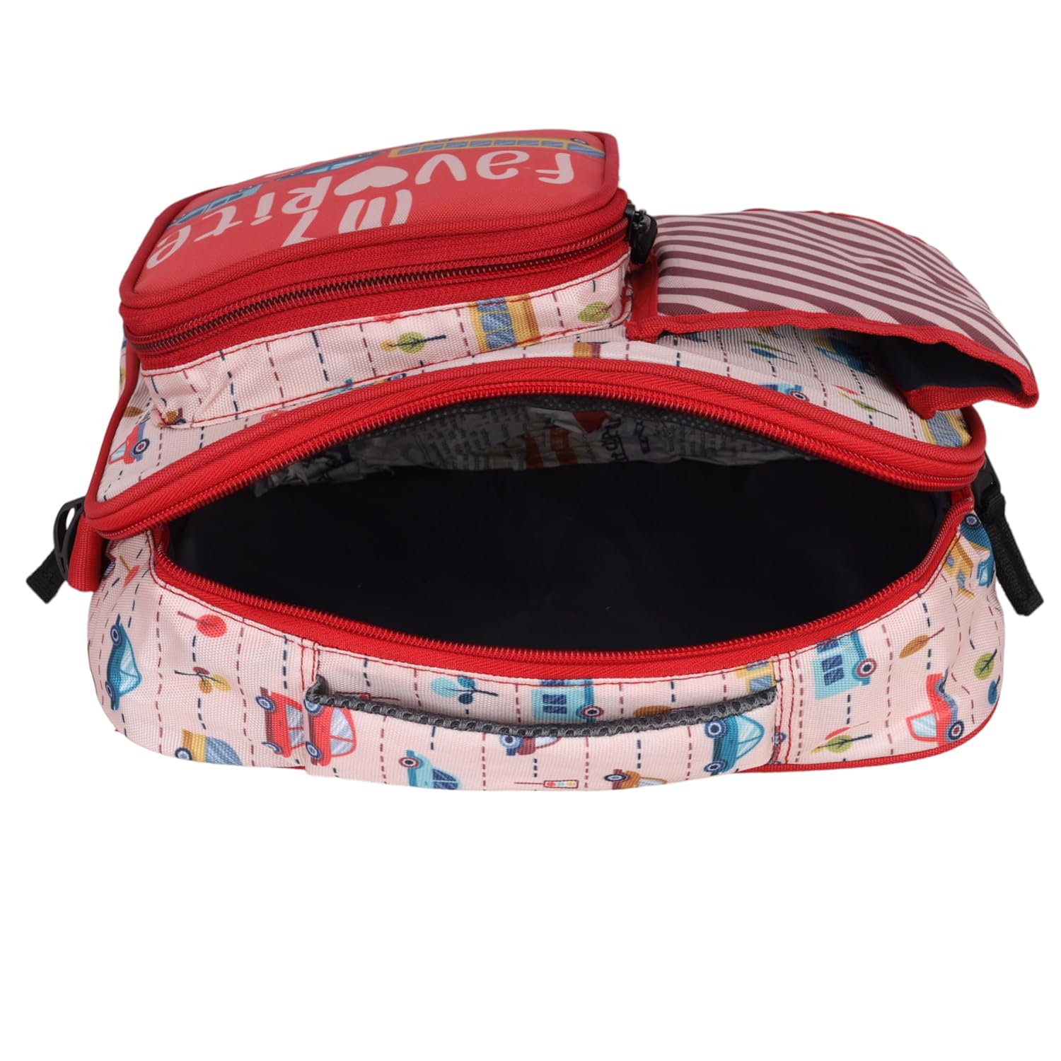 Echo Boomers Red Cars Print Insulated Tiffin Lunch Bags for Kids with Multi Zipper Pockets