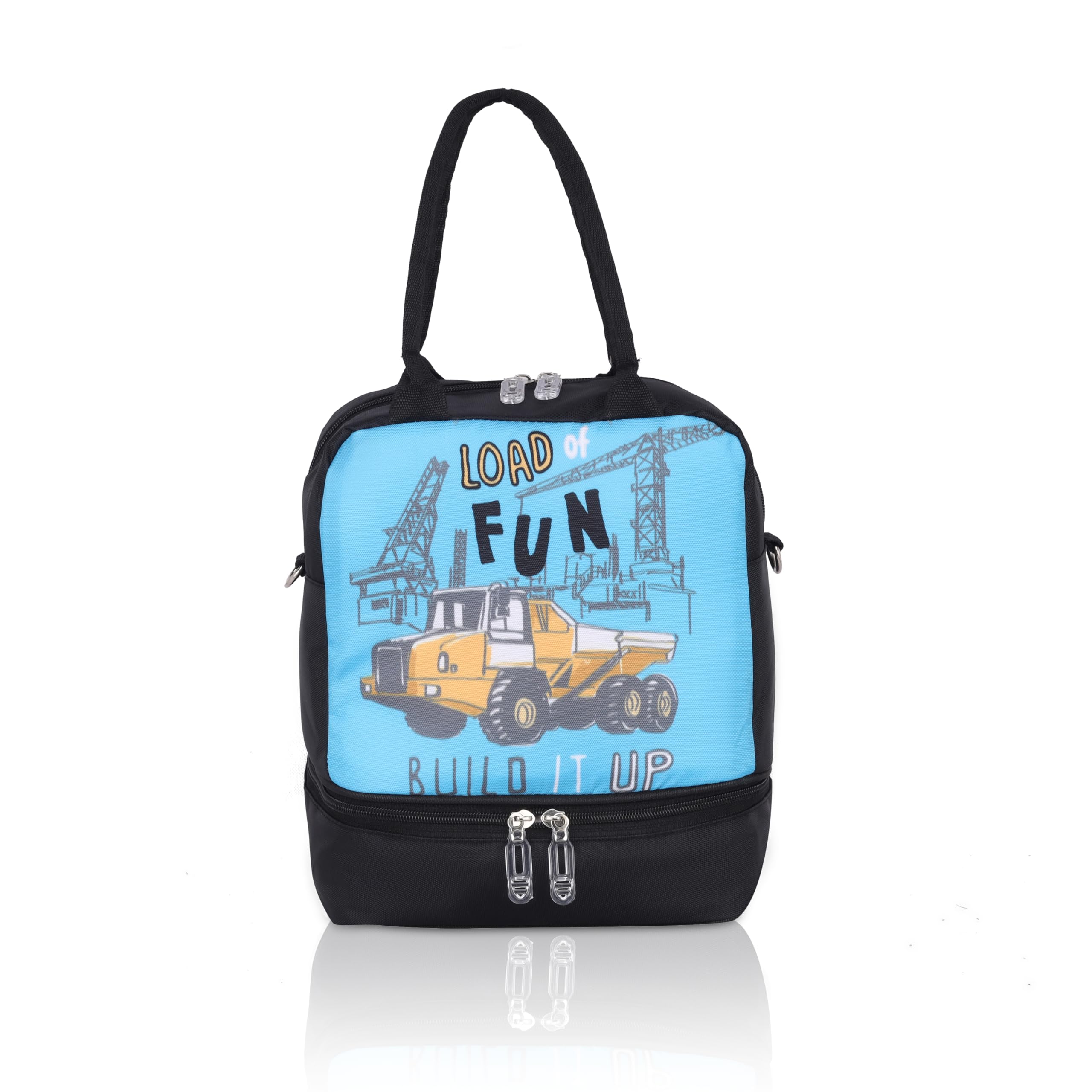 Echo Boomers Double Layer Insulated Tiffin Lunch Bag - Cool Blue Cars Print, Multi Pockets & Long Strap