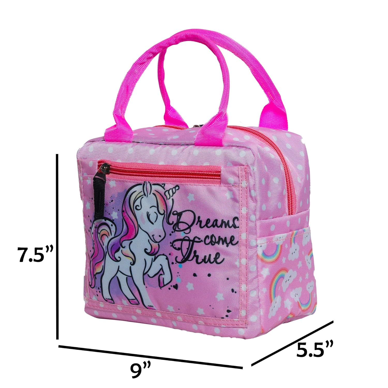 Echo Boomers Pink Unicorn Print Insulated Tiffin Lunch Bags for Kids with Multi Zipper Pockets