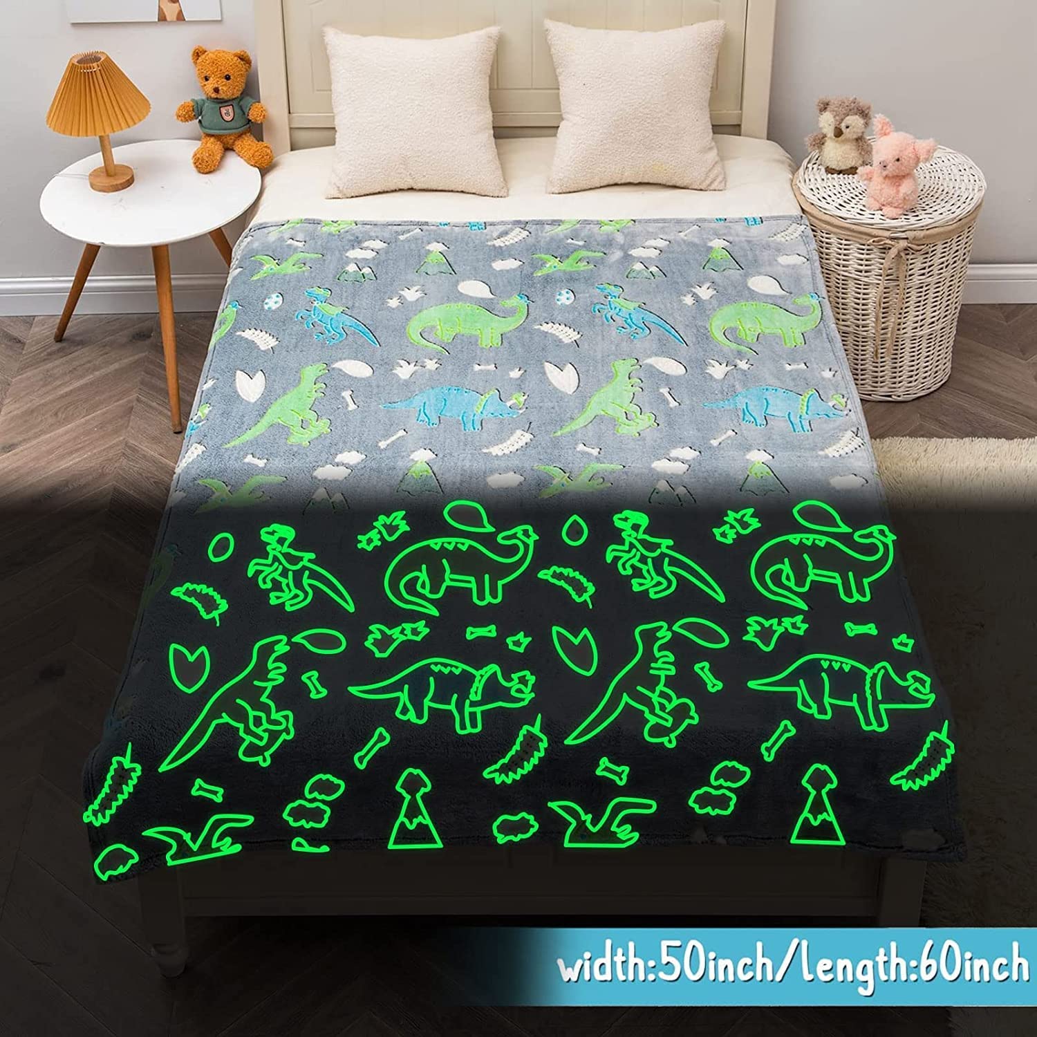 Echo Boomers Dino Glow in The Dark Blanket Printed Blankets for Kids, Light Weight Soft Cozy All Season Blankets for Baby Boys & Girls Pack of 1 Grey Star-Big (60x80 inches)