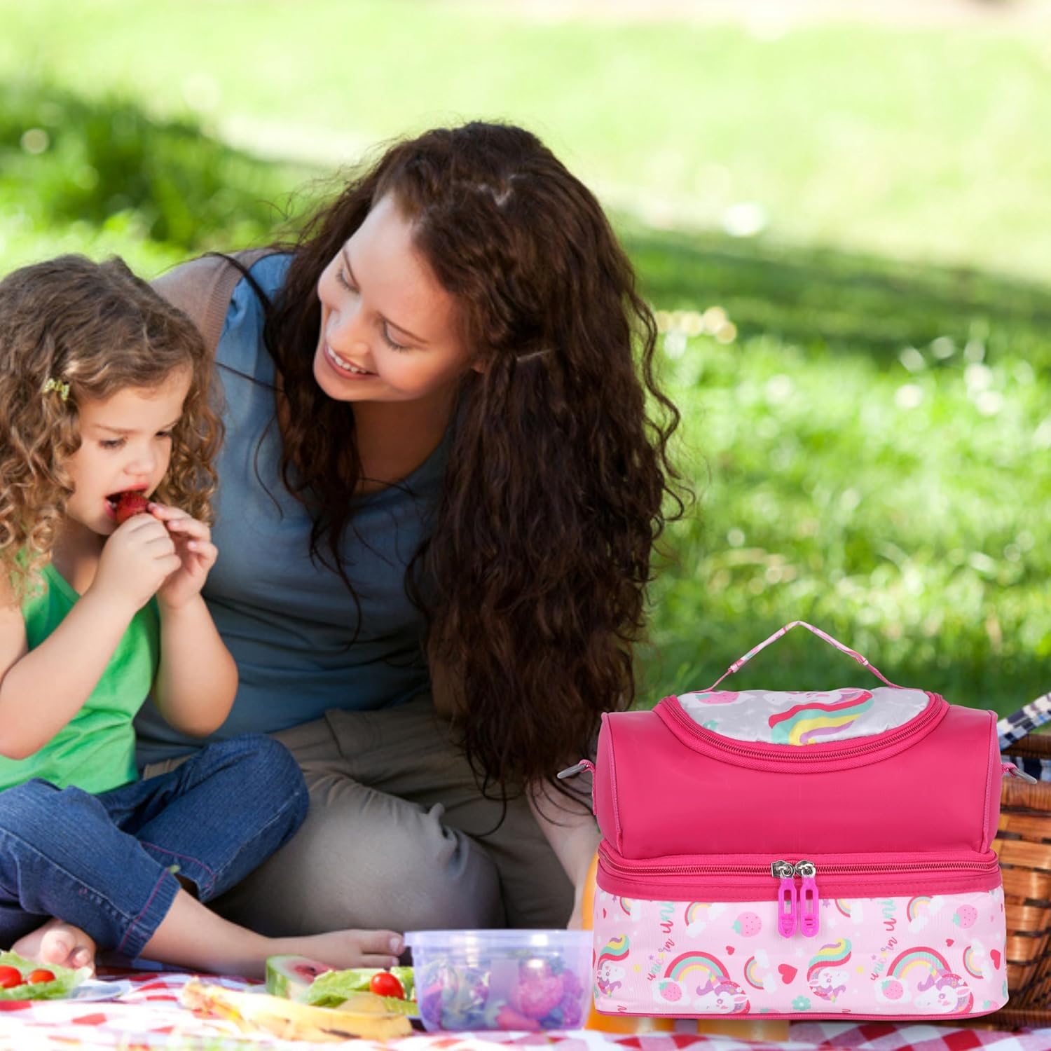 Echo Boomers Pink Unicorn Printed Double Layer Insulated Tiffin Lunch Bag with Detachable Strap