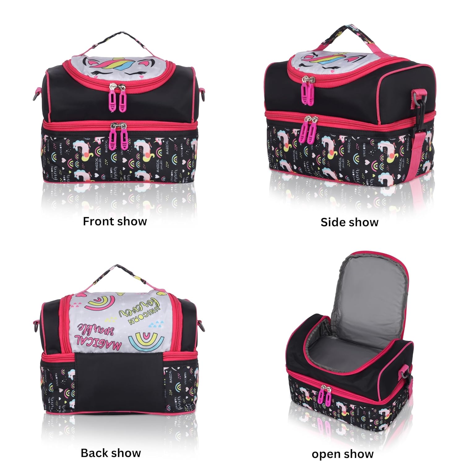 Echo Boomers Black Unicorn Printed Double Layer Insulated Tiffin Lunch Bag with Detachable Strap