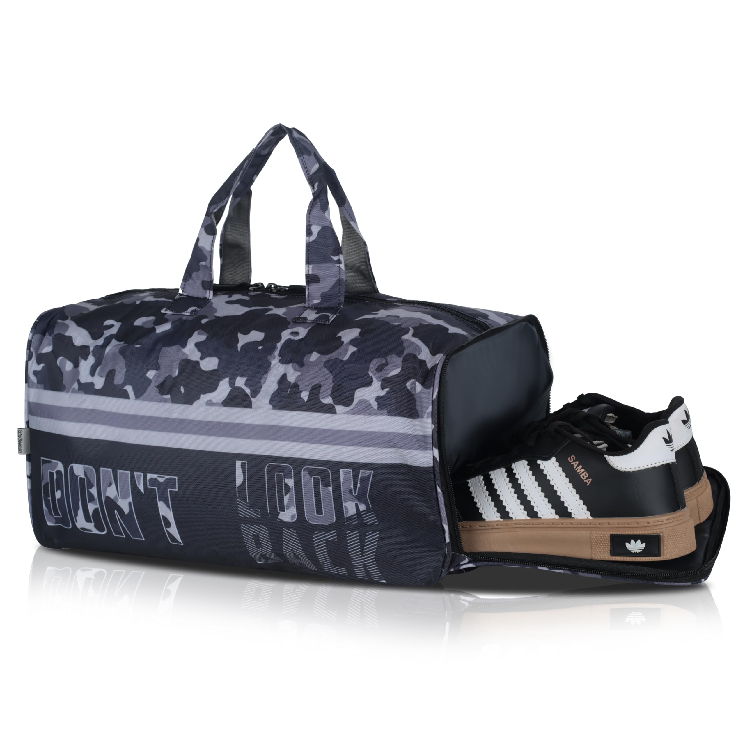 Echo Boomers Square Text Print Duffle Bag – Stylish Travel & Gym Bag with Shoe Compartment