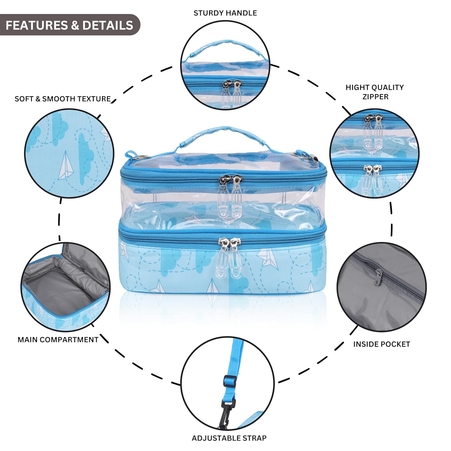 Echo Boomers Plane Printed Small Double-Decker Insulated Lunch Bag with Multi-Zipper Pockets - Sky Blue