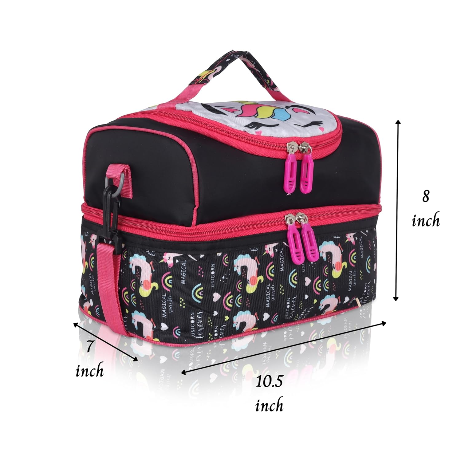 Echo Boomers Black Unicorn Printed Double Layer Insulated Tiffin Lunch Bag with Detachable Strap