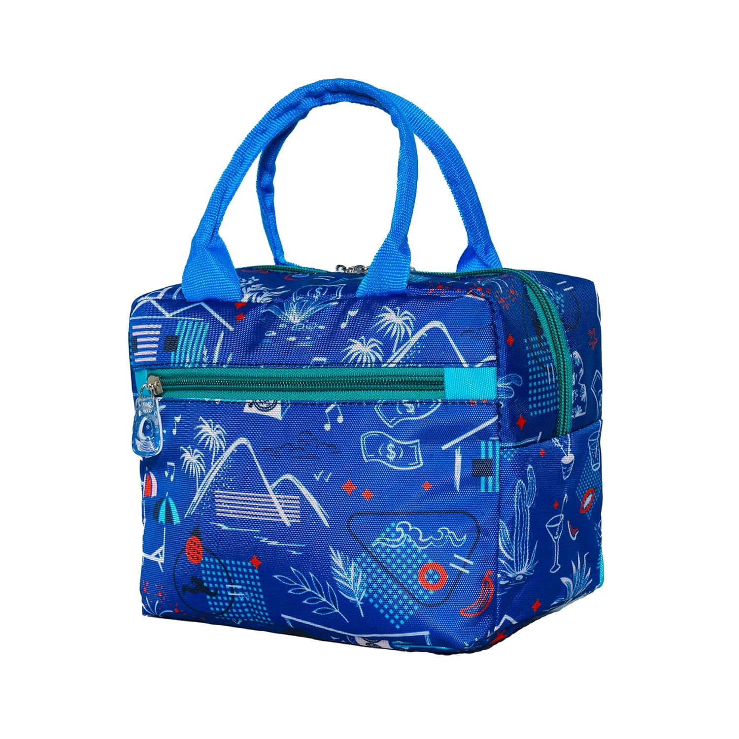 Echo Boomers Beach Printed Insulated Lunch Bag, Tiffin and Food Storage Bag for Work, Students, Office, Picnic, College & School with Multiple Zipper Pockets (Blue)