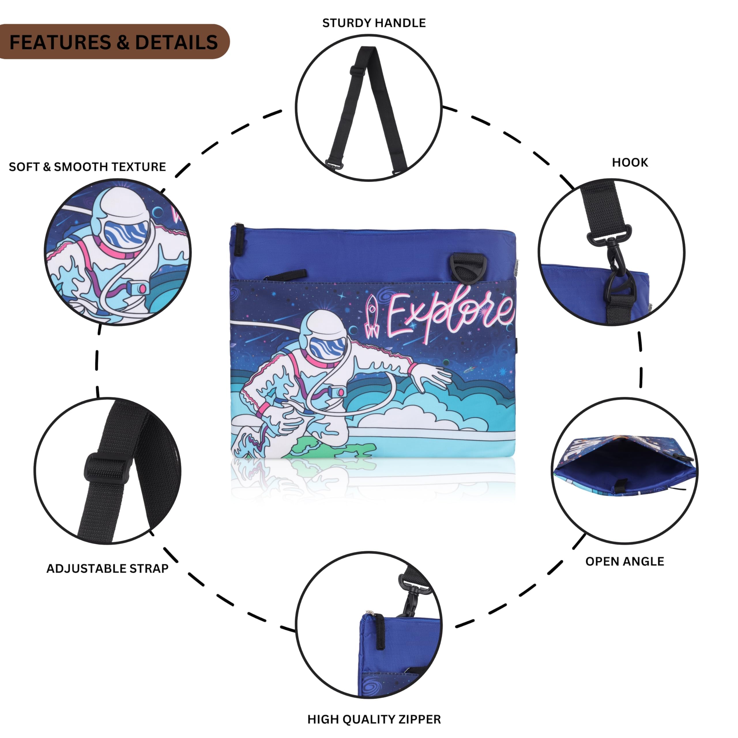 Echo Boomers Astronaut Explore theme Printed Exam/Activity Sling Bag | 3 Compartments | Cushioned & Detachable Strap | Ideal for Outdoor Travel