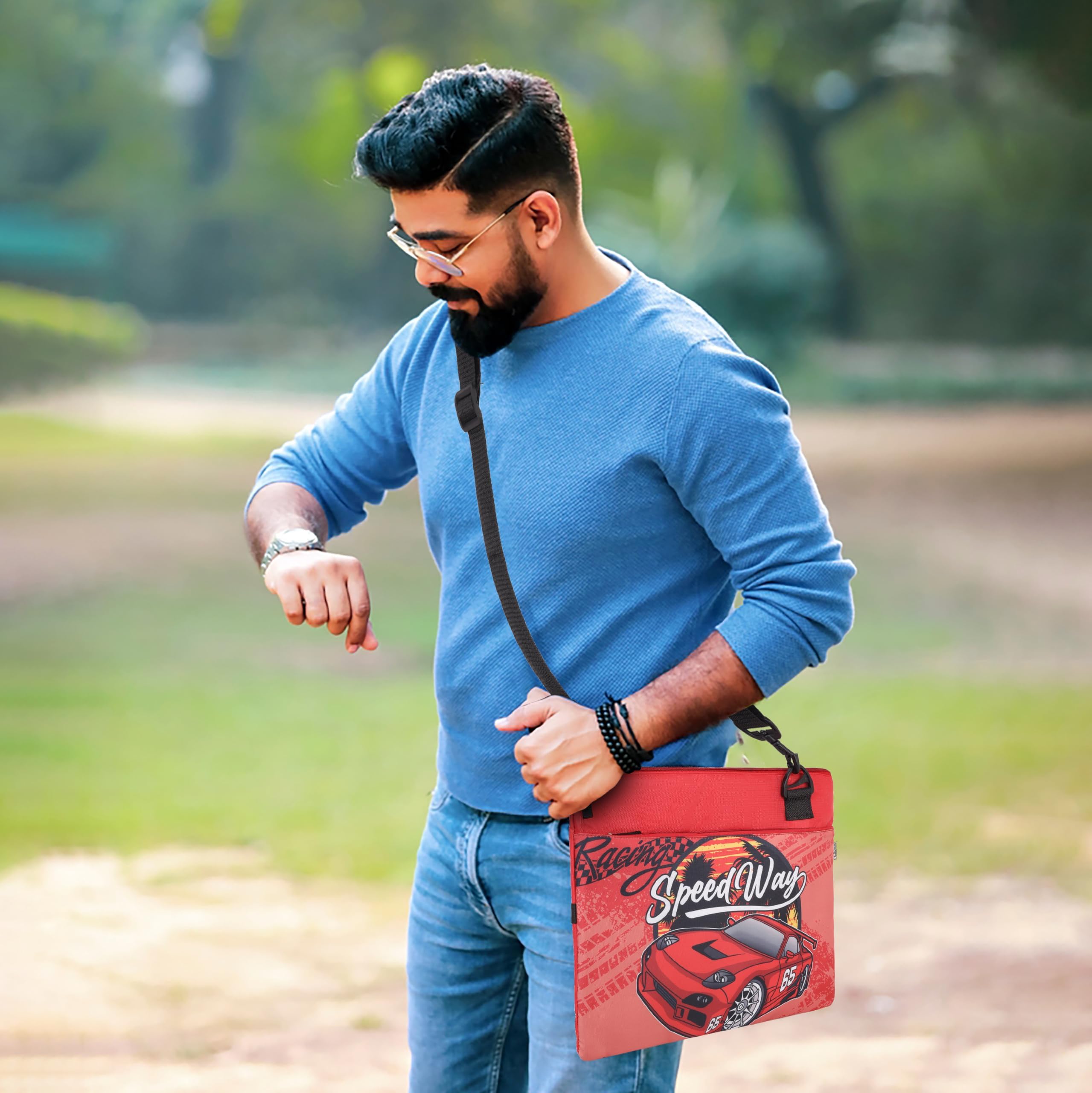 Echo Boomers Racing Car Themed Design Exam & Activity Sling Bag | 3 Compartments | Cushioned & Detachable Strap | Ideal for Outdoor Travel