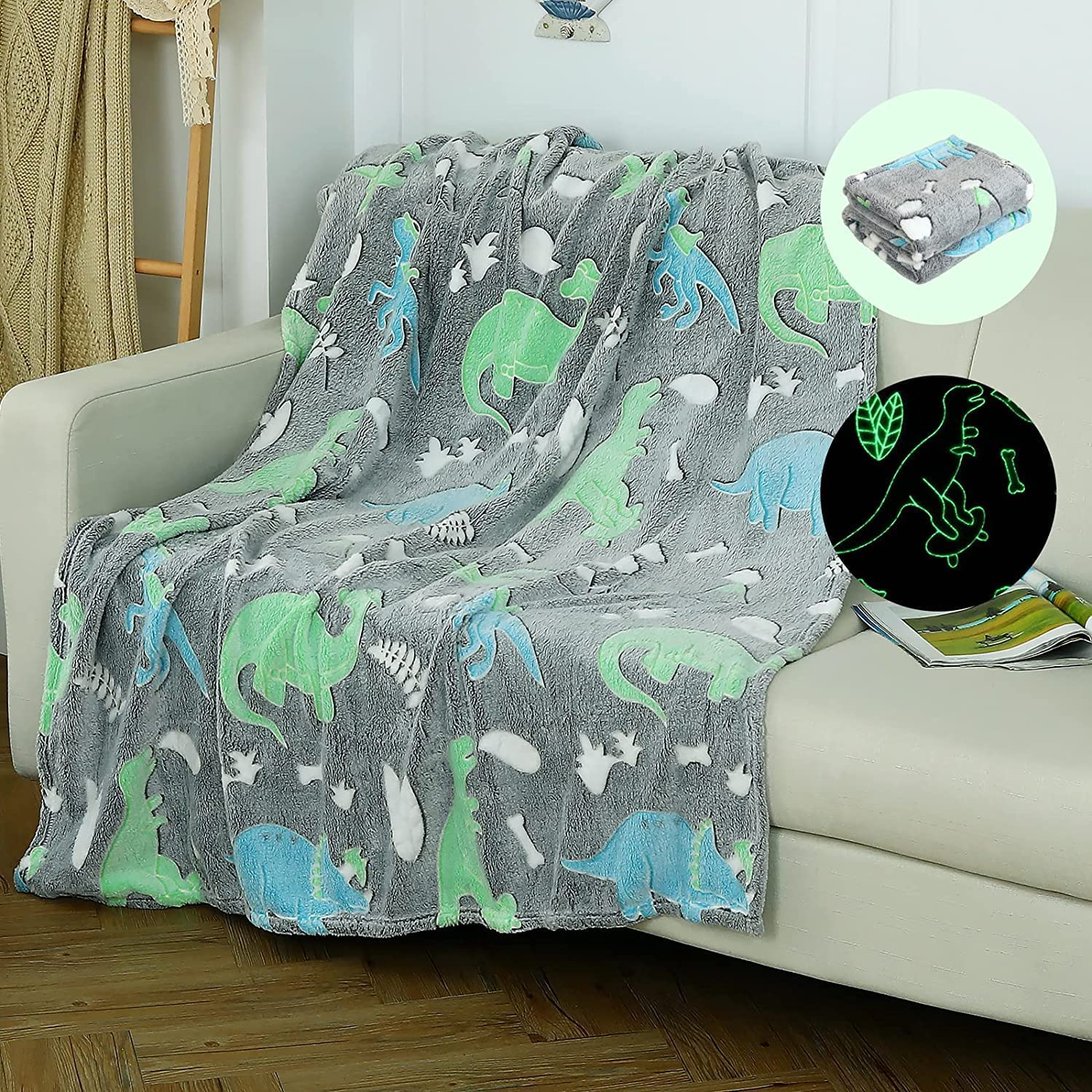 Echo Boomers Dino Glow in The Dark Blanket Printed Blankets for Kids, Light Weight Soft Cozy All Season Blankets for Baby Boys & Girls Pack of 1 Grey Star-Big (60x80 inches)