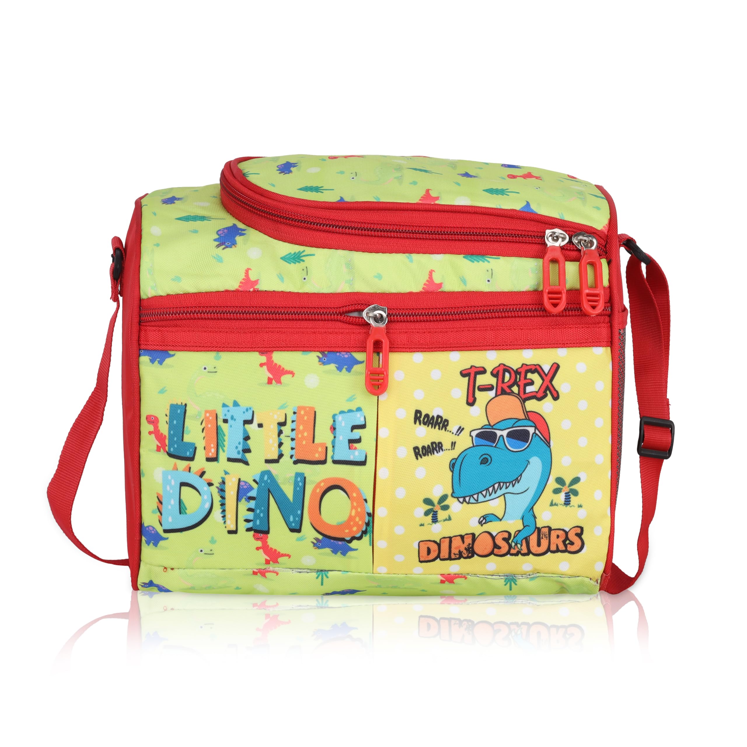 Echo Boomers Little Dino Printed Double Insulated Tiffin Lunch Bag with Multi Zipper Pockets - Pink