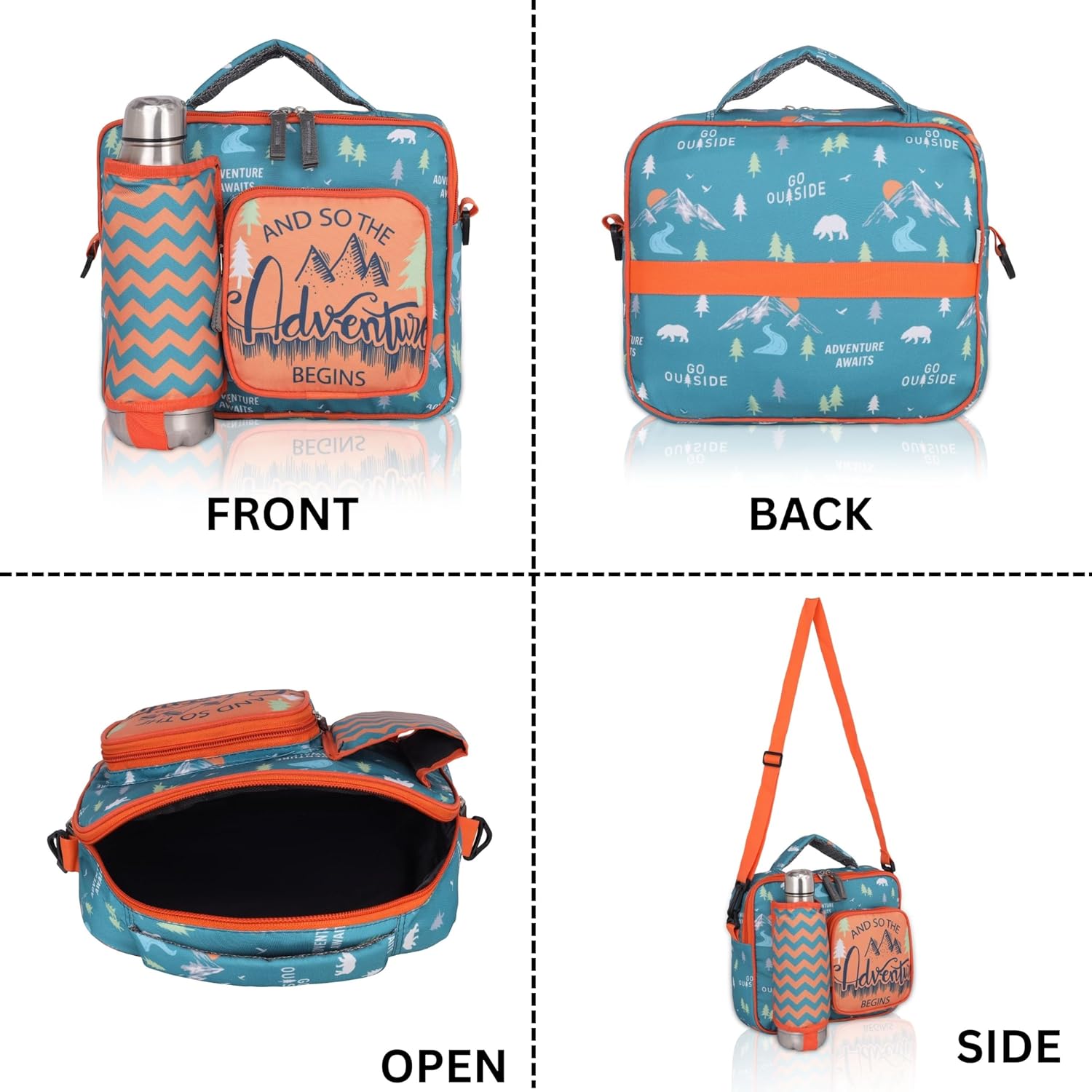 Echo Boomers Orange Adventrue Print Insulated Tiffin Lunch Bags for Kids with Multi Zipper Pockets