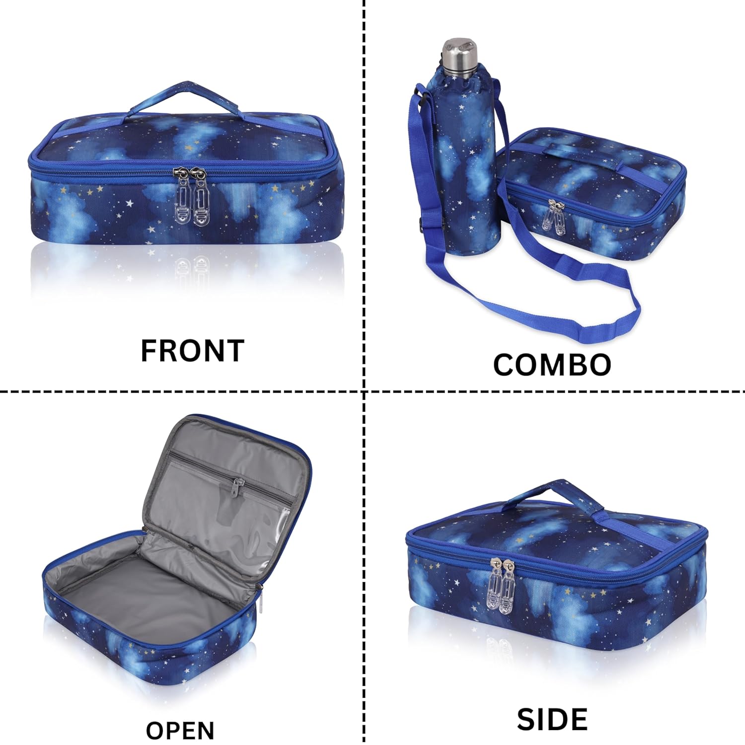 Echo Boomers Space Theme Printed Large Insulated Lunch Bag with Mesh Compartment & Water Bottle Combo - Dark Blue