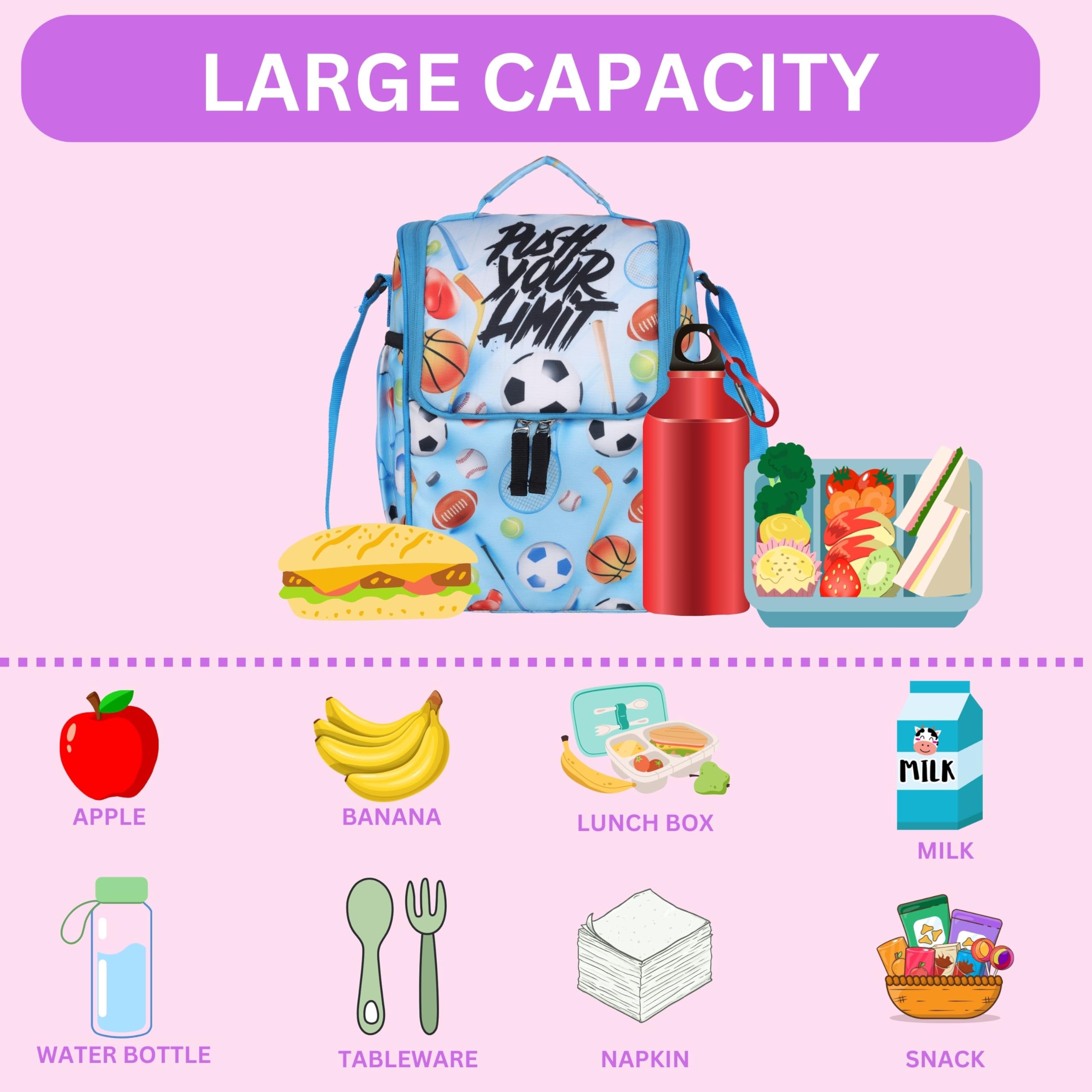 Echo Boomers Football/Soccer Push Your Limit Lunch Bag for Kids | Tiffin Bag with Strap | Sports Theme | Ideal for Picnics and School