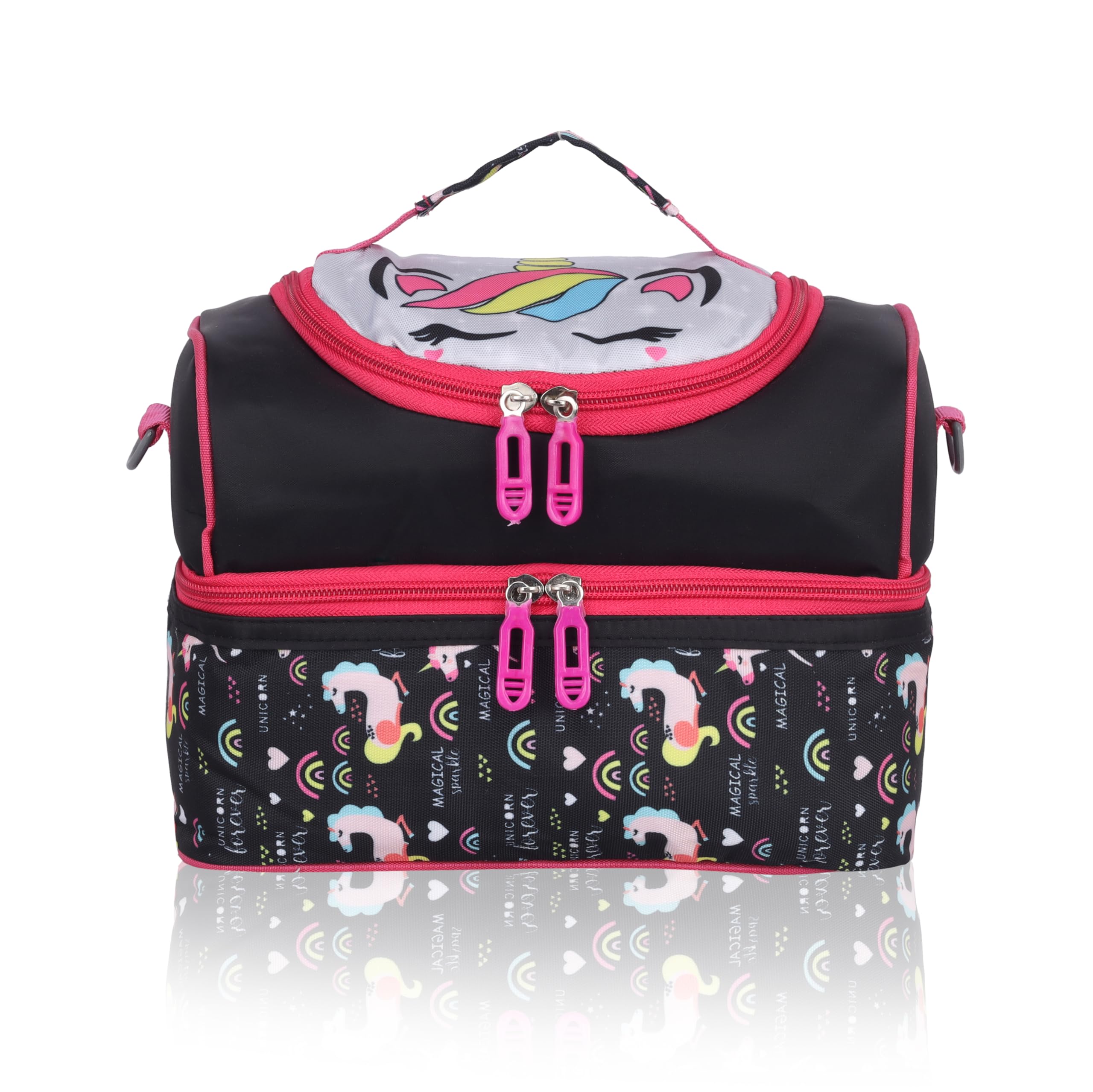 Echo Boomers Pink Unicorn Printed Double Layer Insulated Tiffin Lunch Bag with Detachable Strap