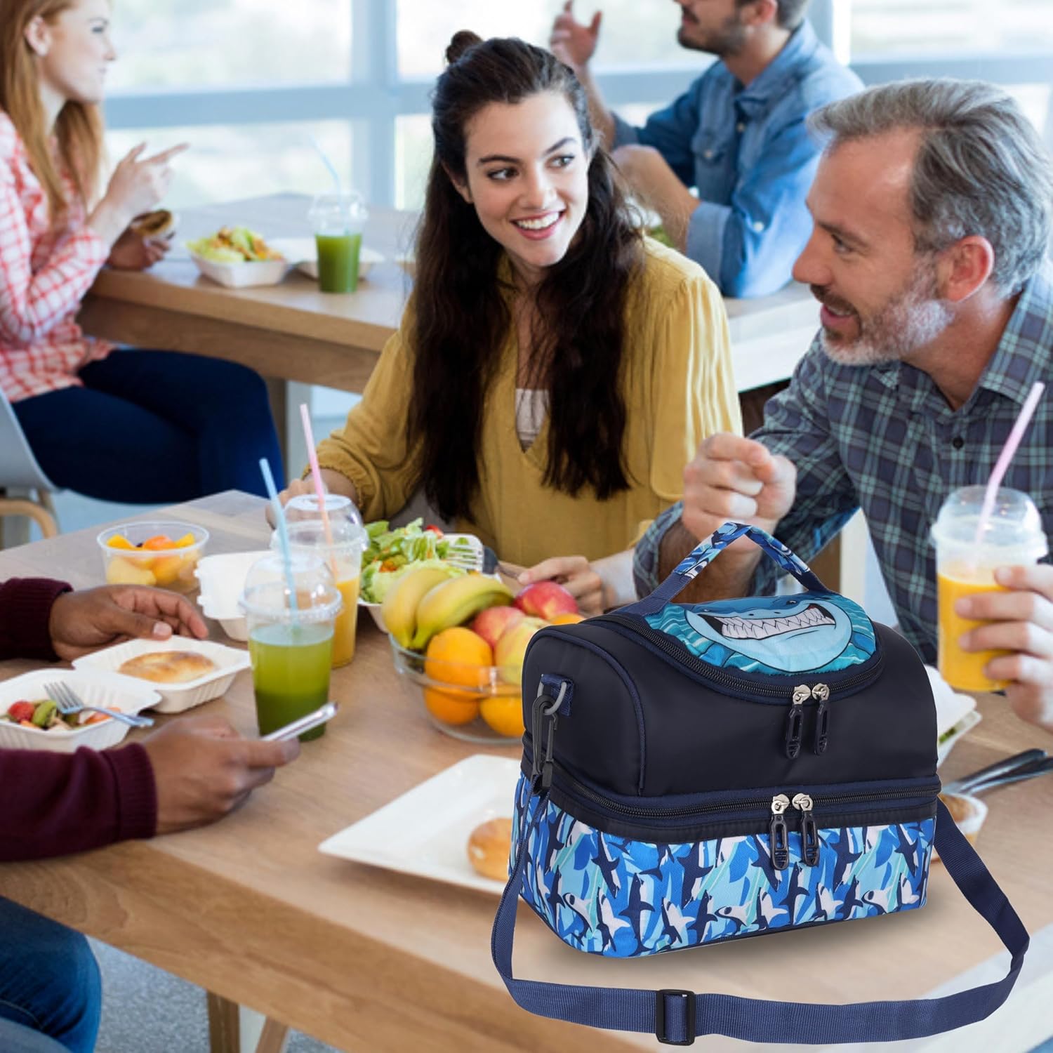 Echo Boomers Blue Sharks Printed Double Layer Insulated Tiffin Lunch Bag with Detachable Strap