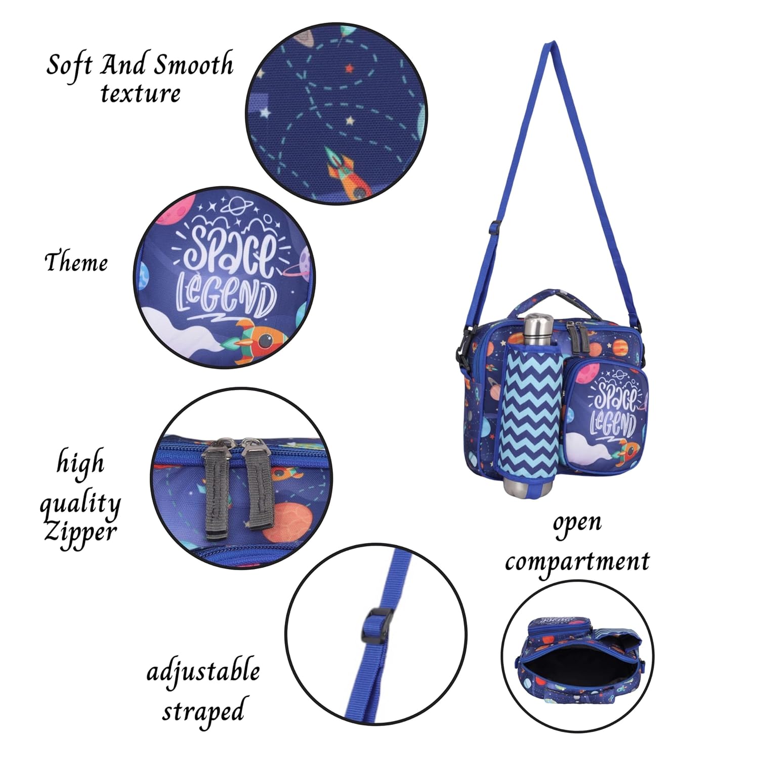 Echo Boomers Space Print Blue Insulated Tiffin Lunch Bags for Kids with Multi Zipper Pockets